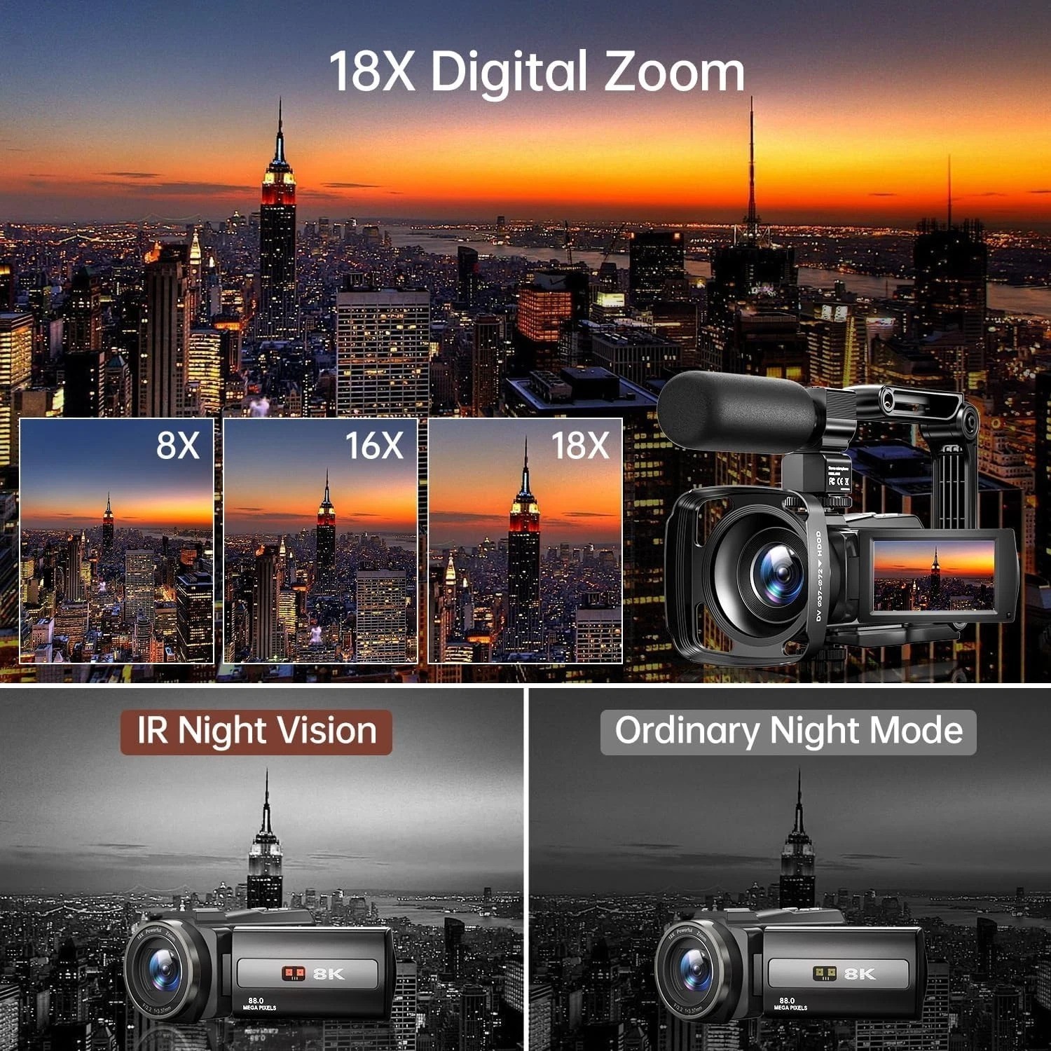 8K Video Camera Camcorder 88MP UHD WiFi Vlogging Cameras for YouTube 18X Digi…