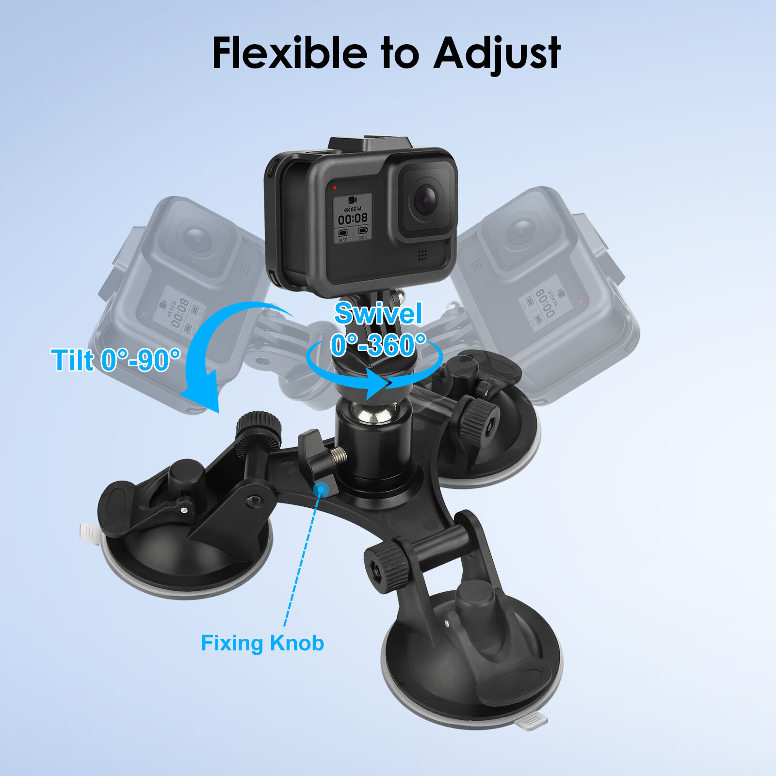 Car Mount Holder For GoPro Sony DJI OSMO Action Camera Triple Suction Cup Stand