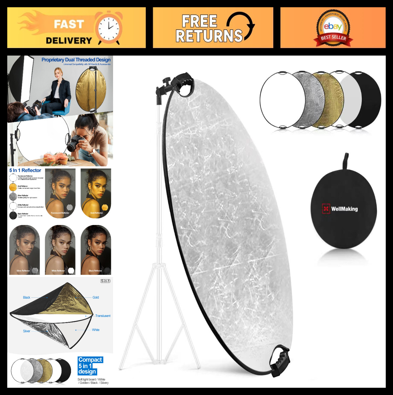 32″ Collapsible 5-in-1 Light Reflector with Bag & Tilt Adapter for Photography