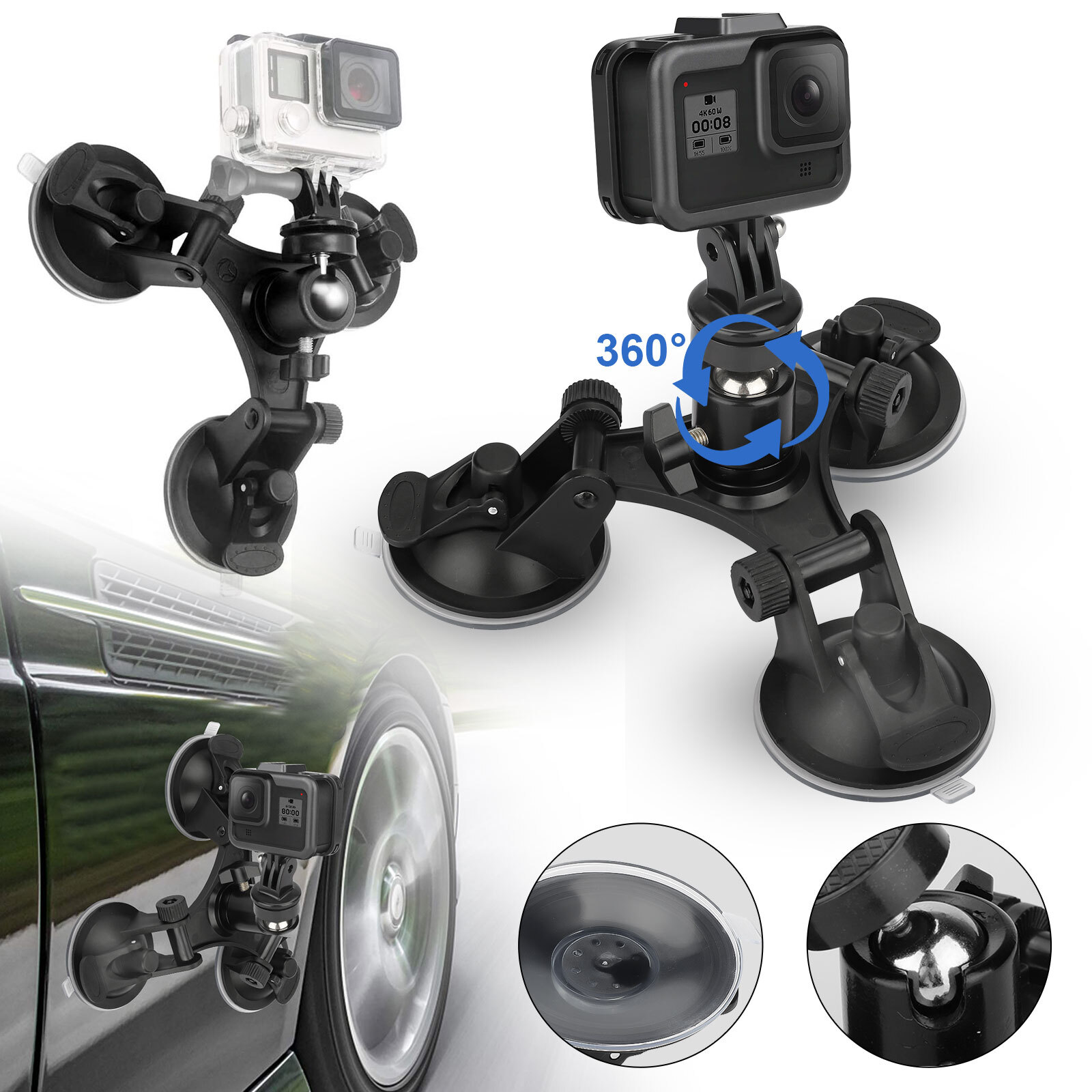 Car Mount Holder For GoPro Sony DJI OSMO Action Camera Triple Suction Cup Stand