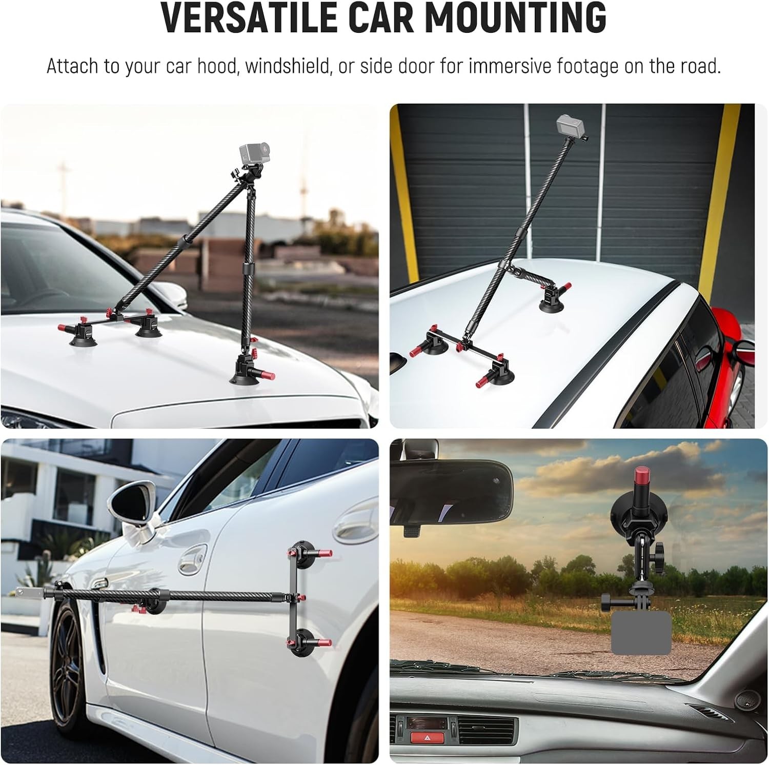 NEEWER Triple Suction Cup Car Mount Kit, Carbon Fiber Camera Mount with Action C