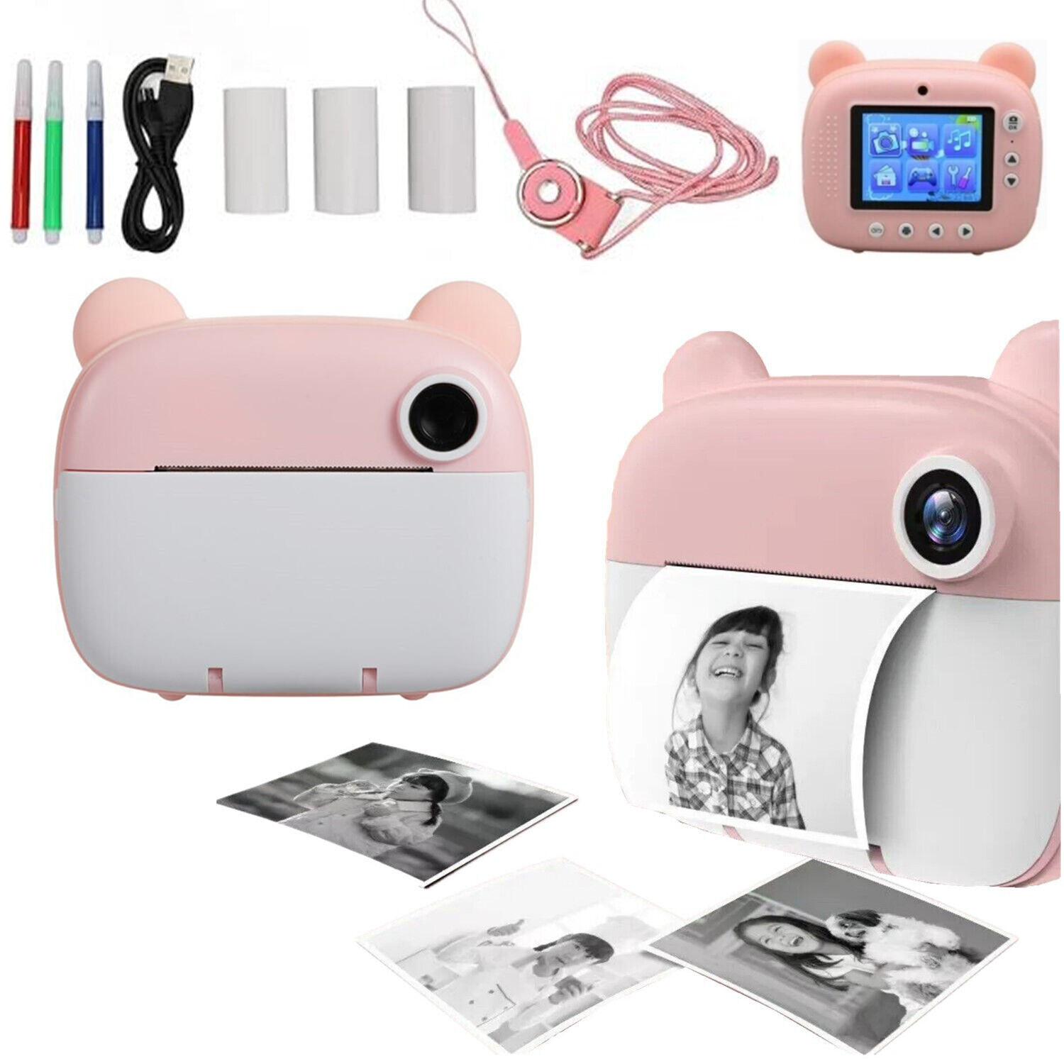 Instant Print Camera for Kids 1080P HD Selfie Digital Video Camera with SD Card