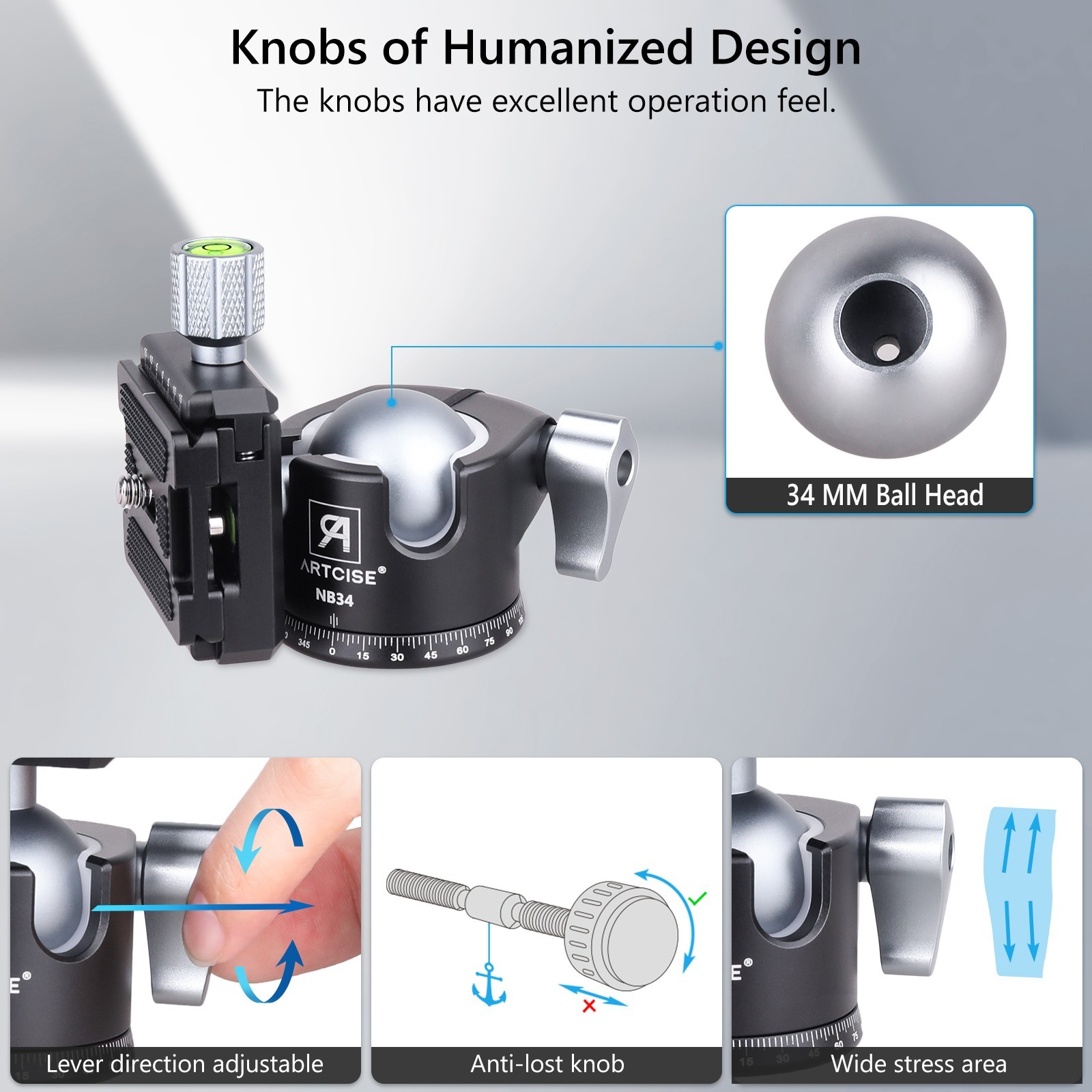 Low Profile Camera Tripod Ball Head, 34mm All Metal CNC Panorama Ball Head