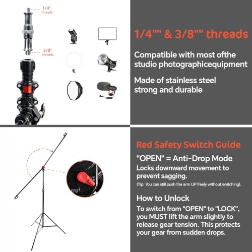 Photography 3-in-1 Heavy Duty Aluminum Alloy 12.5ft Light Stand with Boom Arm
