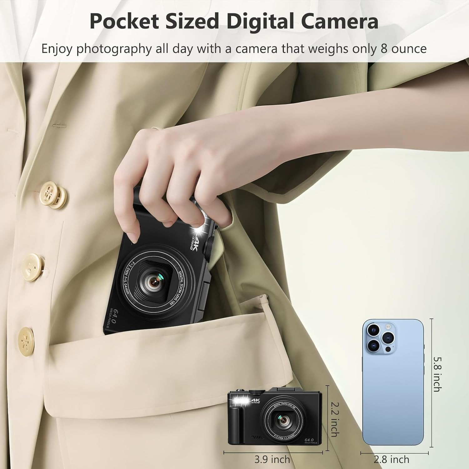 4K Digital Camera for Photography, 64MP Vlogging Camera for Youtube with 3″ 180°