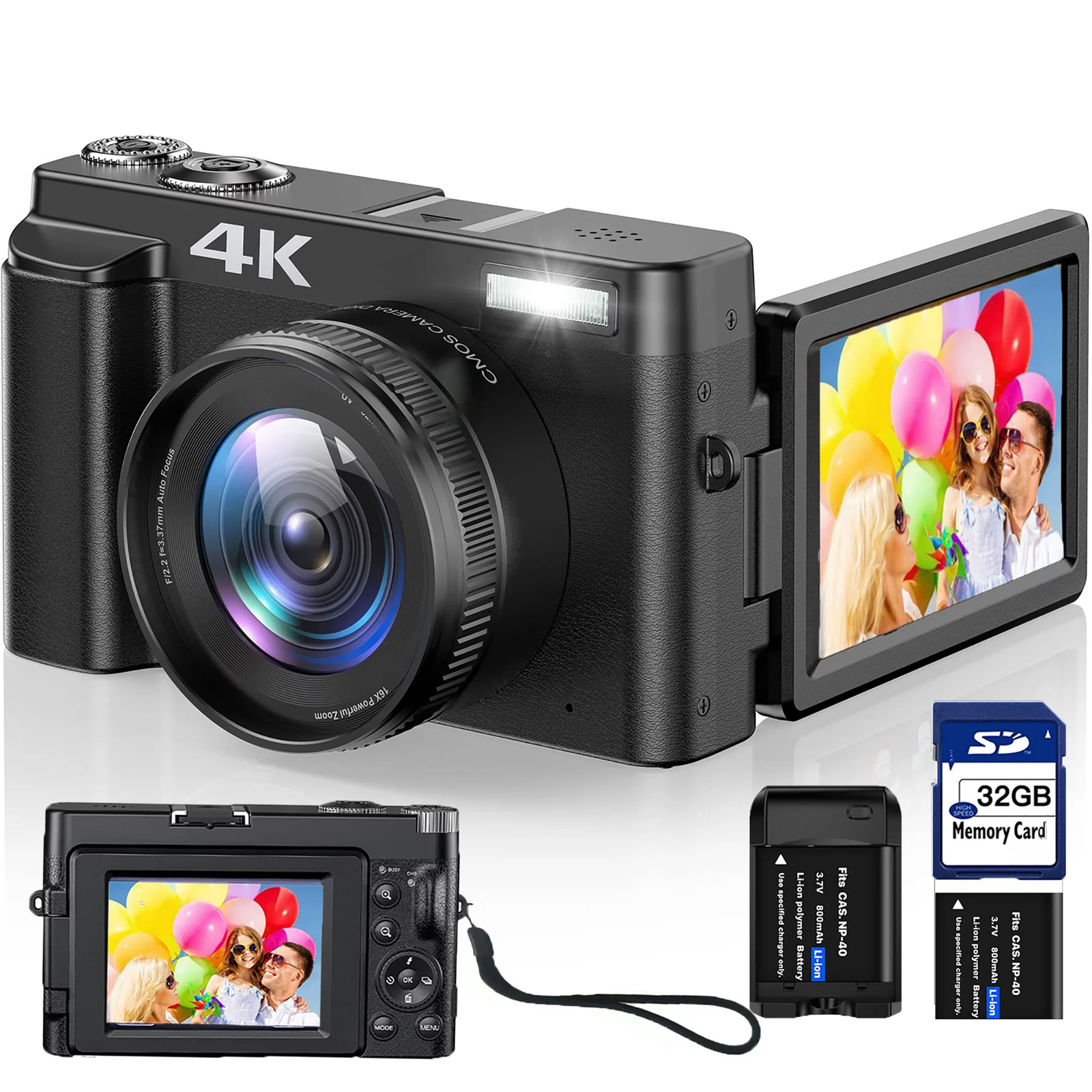 ACTITOP Vlogging Camera 4K Digital Camera for Autofocus with 32GB SD Card 16X