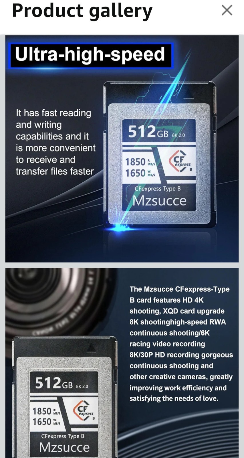 Mzsucce 512GB CFexpress Type B memory card model YXCFE-B1