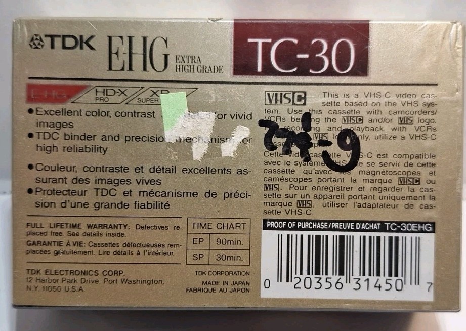 TDK E-HG Extra High Grade TC-30 Blank Camcorder Cassette Tape New Sealed