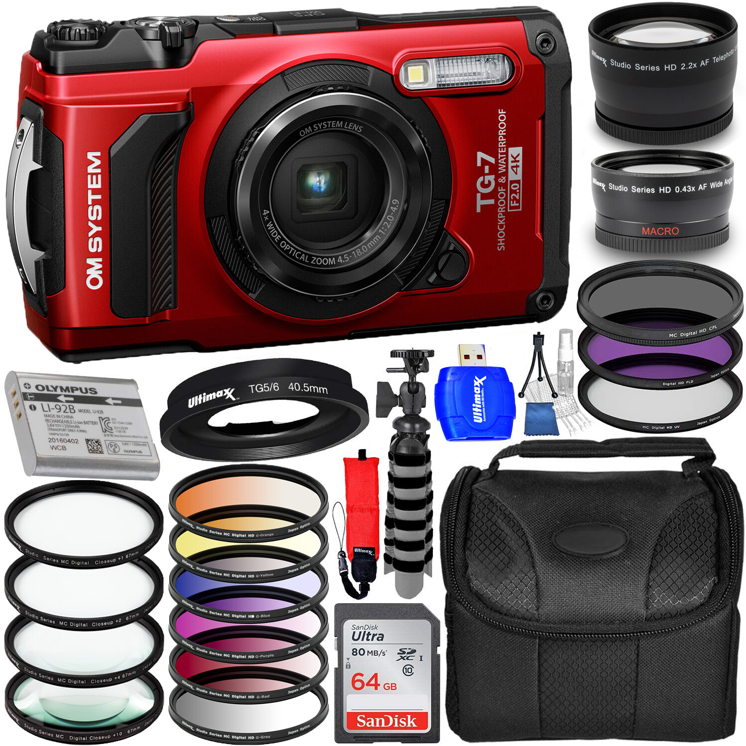 OM SYSTEM Tough TG-7 Digital Camera (Red) V110030RU000 – 12PC Accessory Bundle
