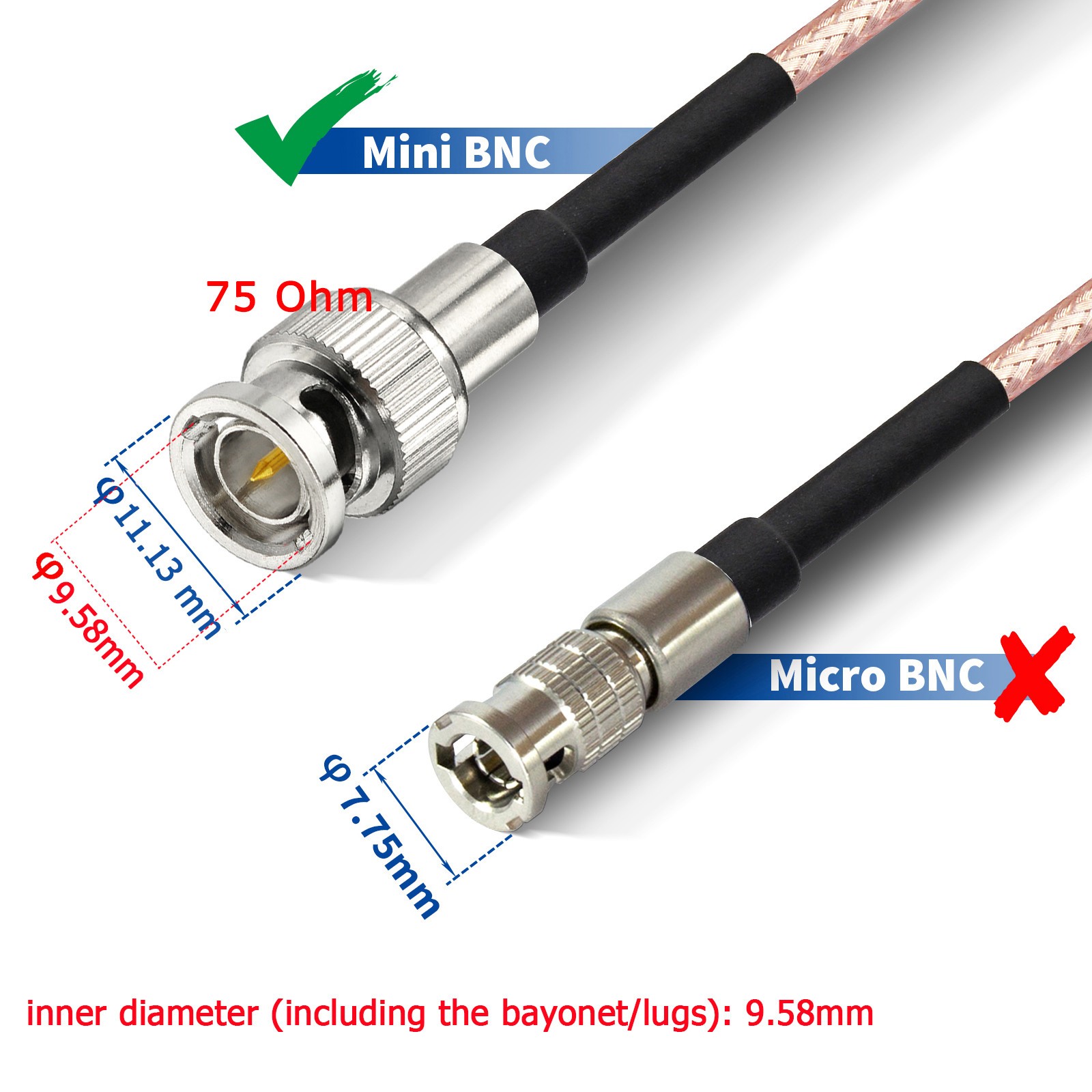 BNC Female to Mini BNC Male RG179 75 Ohm RF Cable 12″ for 3G HD SDI Vedio Camera
