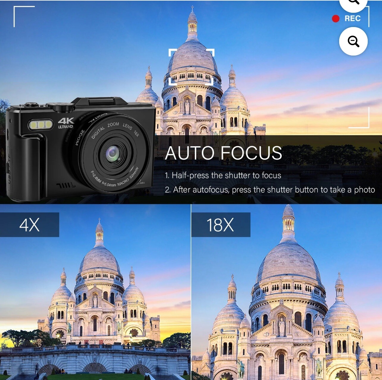 Digital Camera 4K 64MP Vlogging Auto-Focus 18X Zoom with 3″ 180° FlipScreen 32GB
