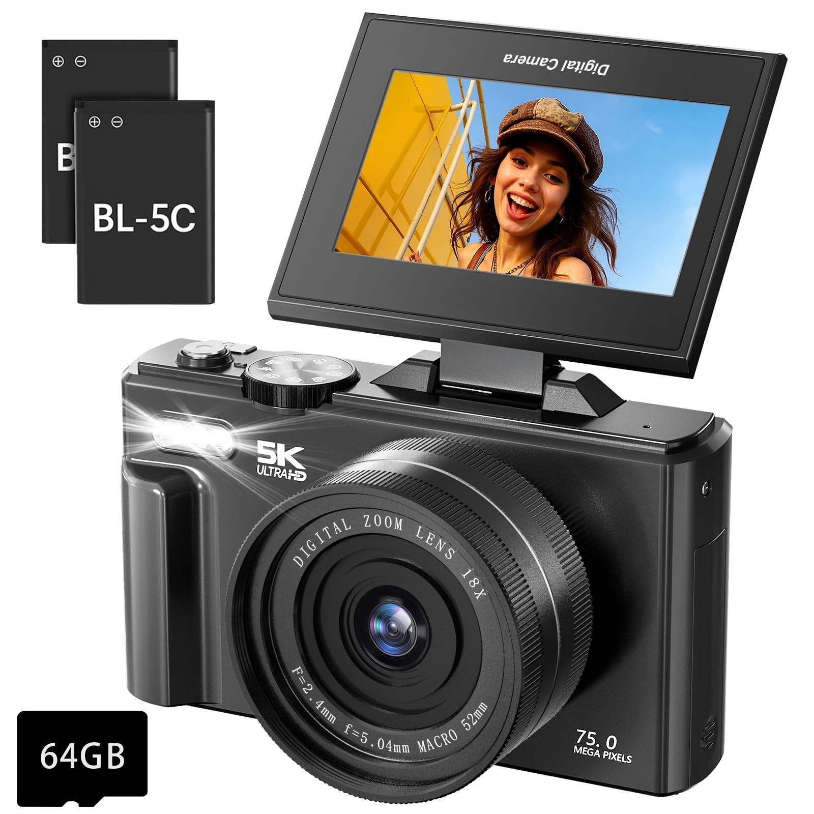 5K Digital for Photography – 75MP Autofocus Vlogging with 64GB SD Card, WiFi,…