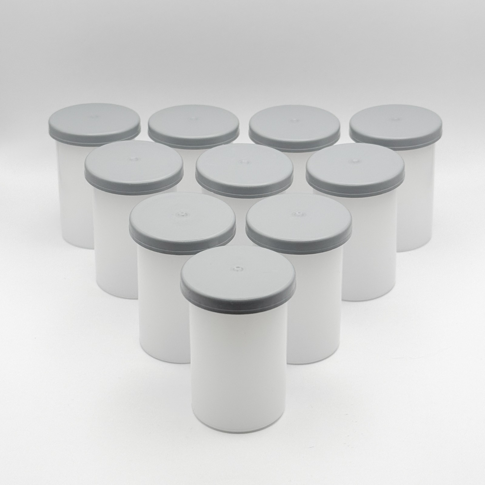 10 Count 35mm White/Sheer Plastic Film Canisters with Grey Caps