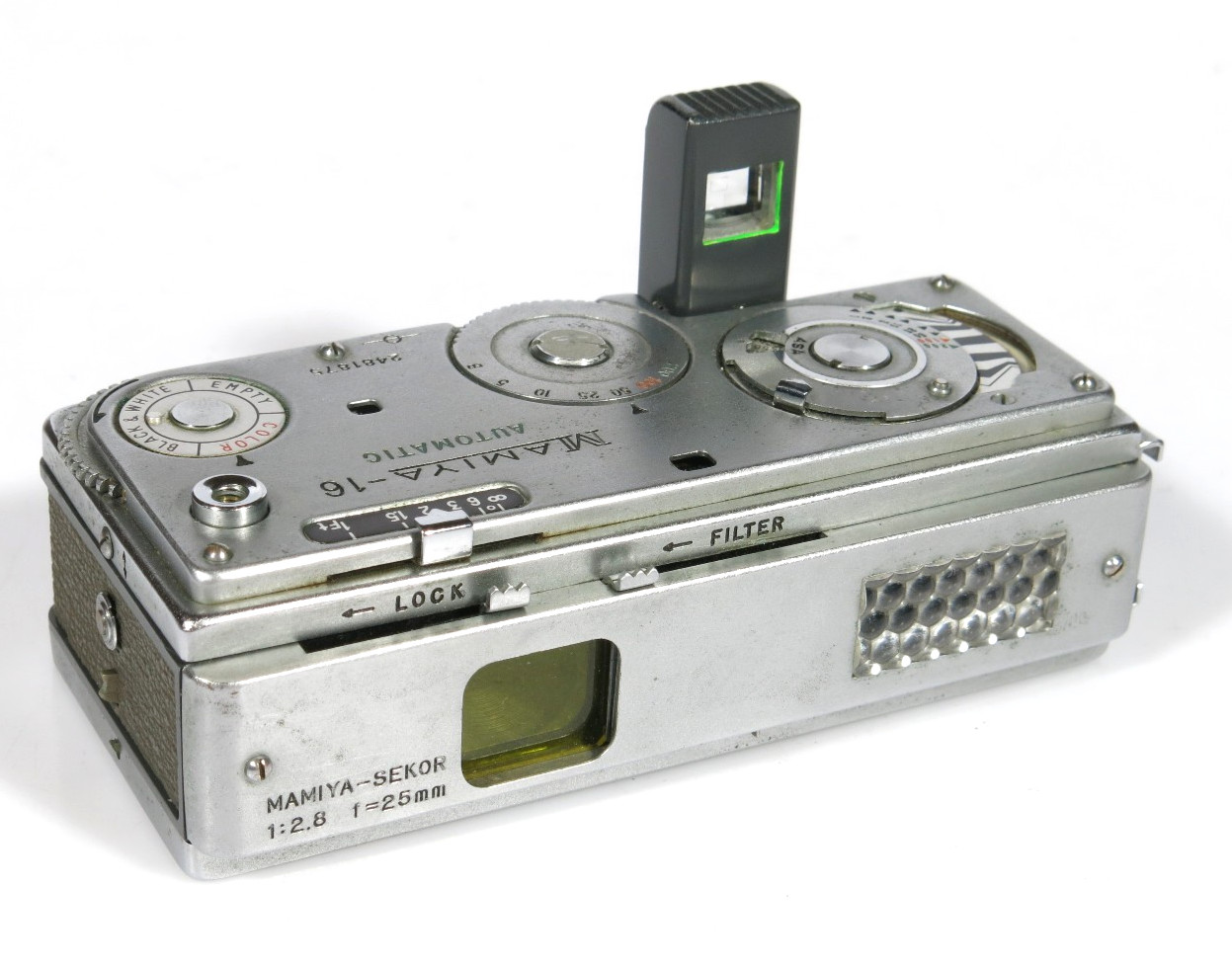 PRL) MAMIYA 16 AUTOMATIC COMPACT CAMERA 1:2.8 f 25mm SEKOR JAPAN SPYCAMERA
