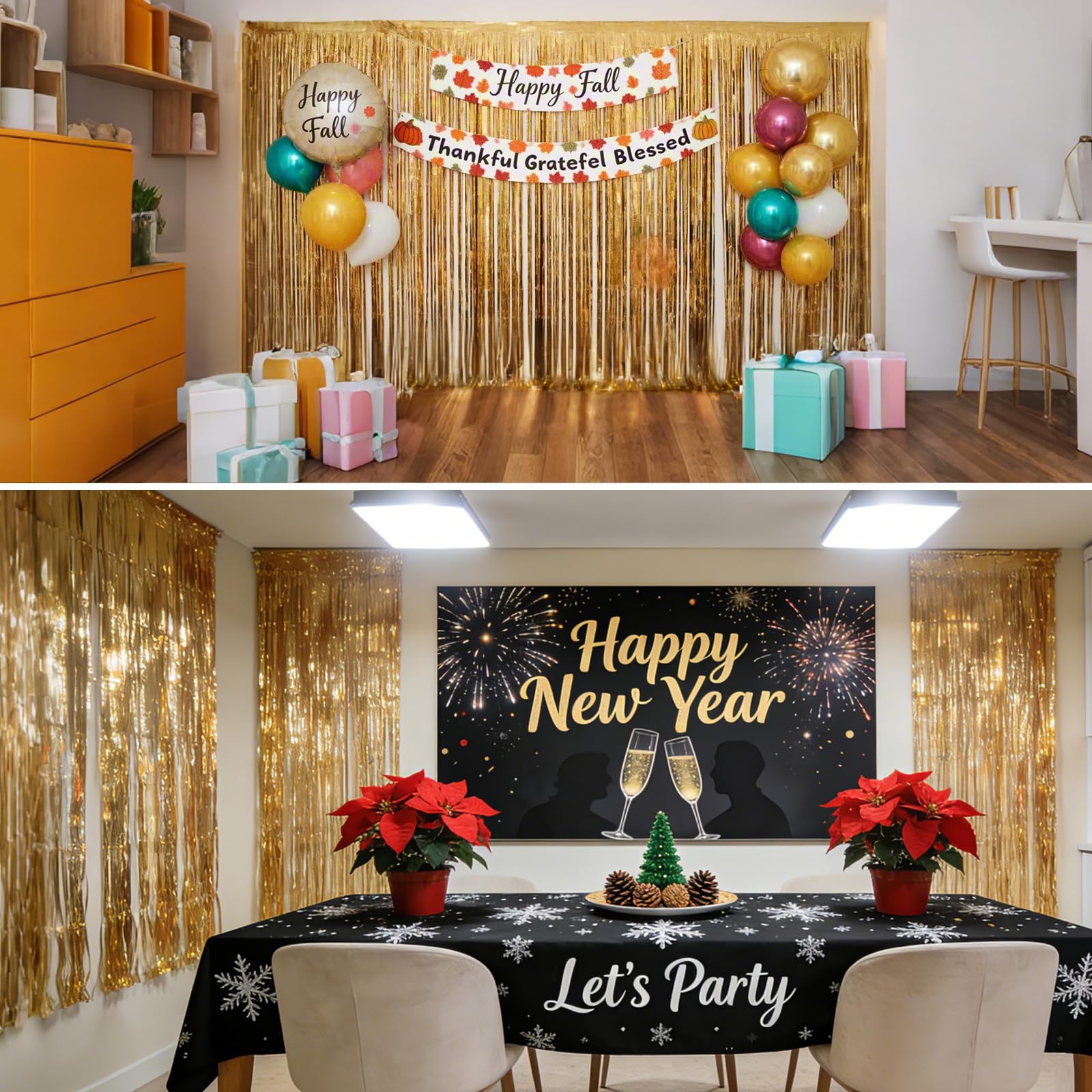 2 PCS Gold Foil Fringe Backdrop Curtains 3.3×8.2ft New Years Eve Decor