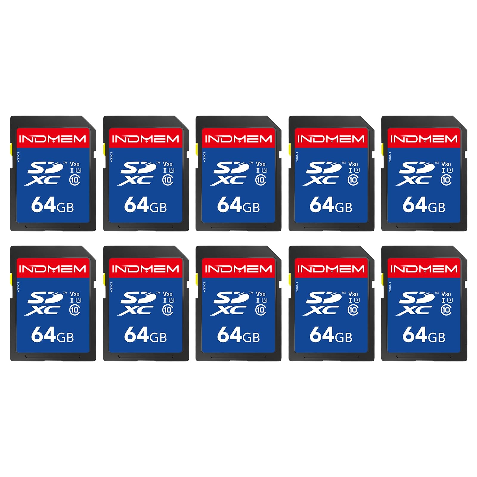 SD Card 64GB 10pack, C10, U3, V30, High Speed up to 90M/S SDXC UHS-I Memory