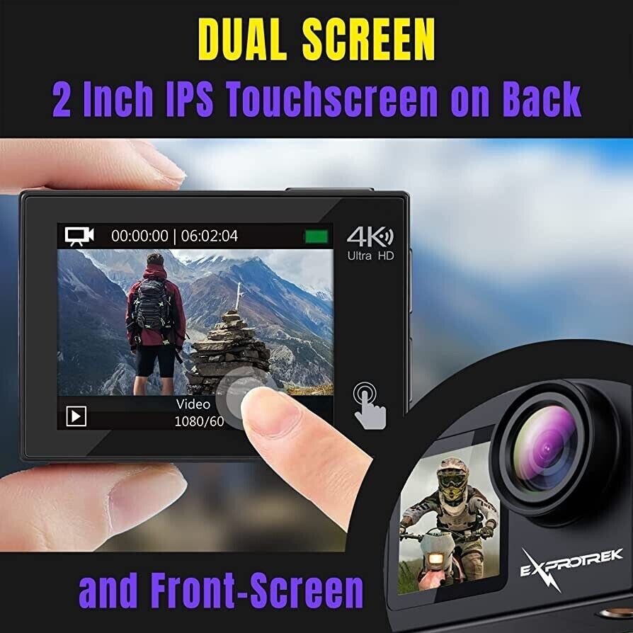 Exprotrek 4K Action Sport Waterproof Camera Touch Screen with Helmet Accessories
