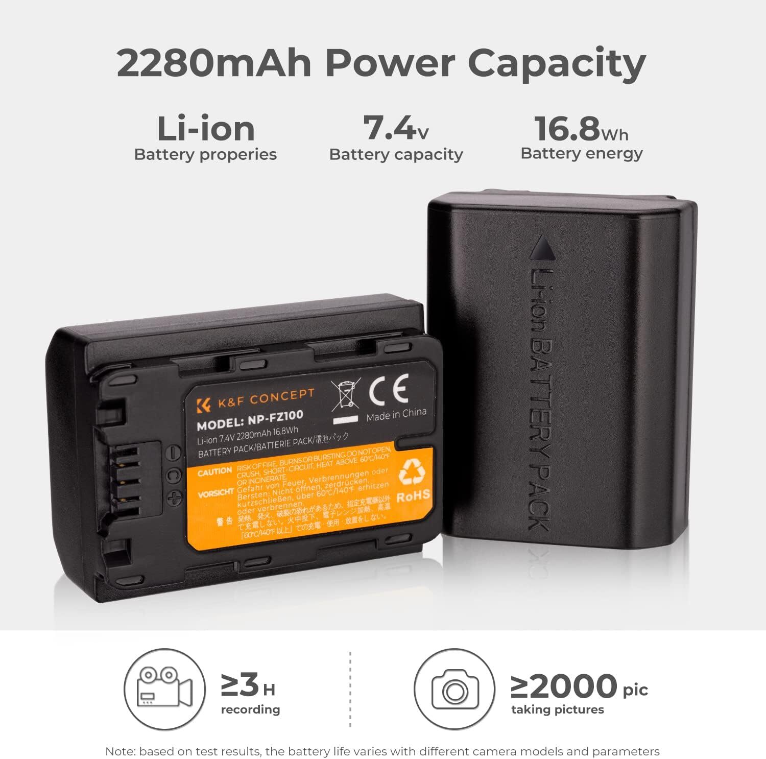 K&F Concept NP-FZ100 Battery and Dual Slot Charger Set for Sony A6700 A7iii A7C
