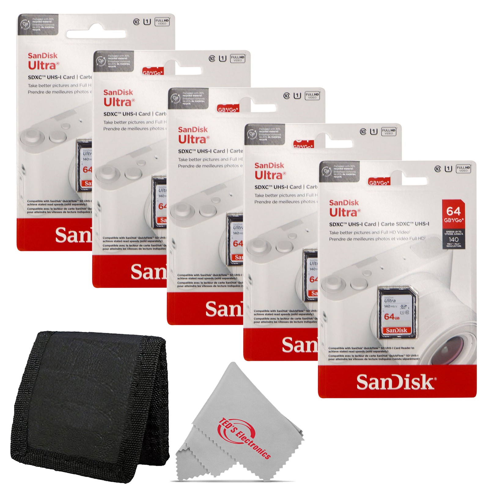 5x SanDisk 64GB Ultra SDXC UHS-I Memory Card – Up to 140MB/s SD w/ Card Wallet
