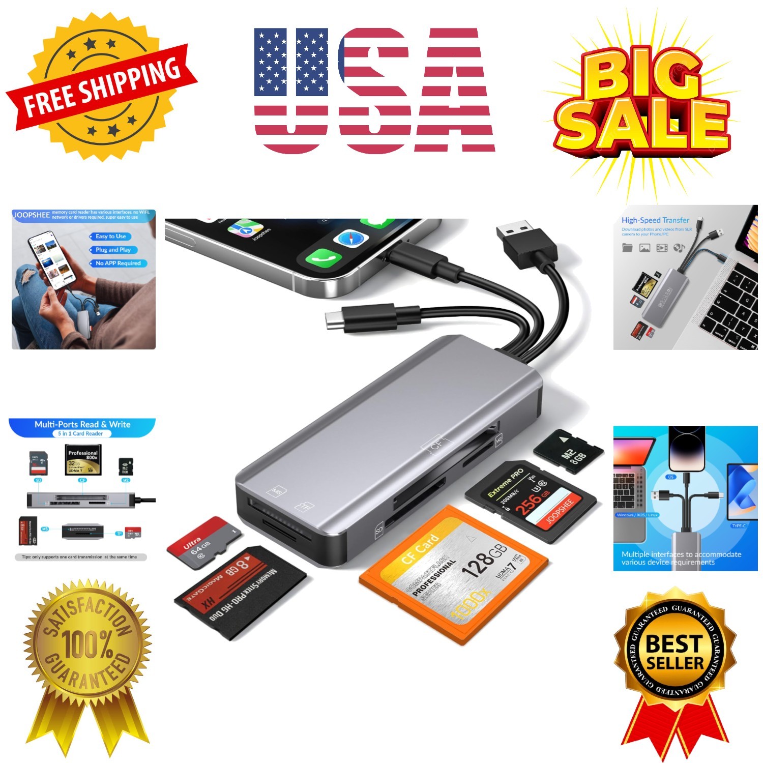 5-in-1 Multi Memory Card Reader,Aluminum SD/TF/CF/MS/M2/Cfast/Memory Stick Pr…