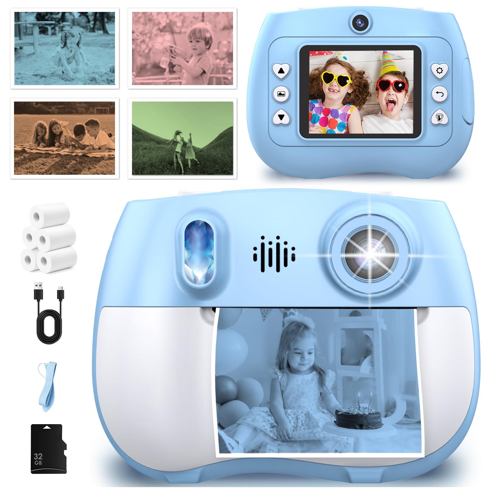 Kids Instant Print Camera 1080P Dual Selfie 32GB 5-Color Paper Toy Gift