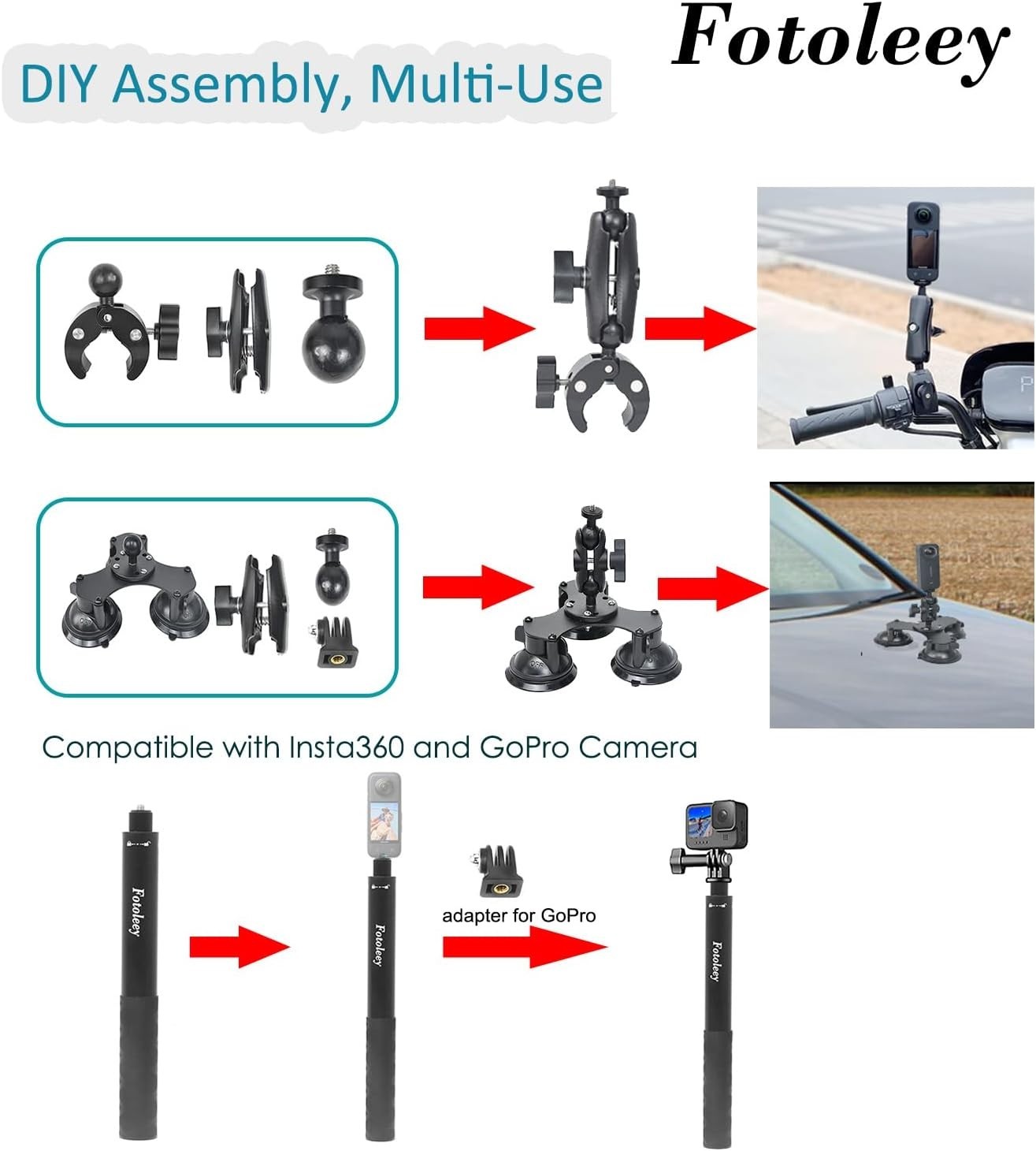 360 Camera Suction Cup Car Mount Kit for Insta360 X4 X5 X3 Ace Pro Go 3