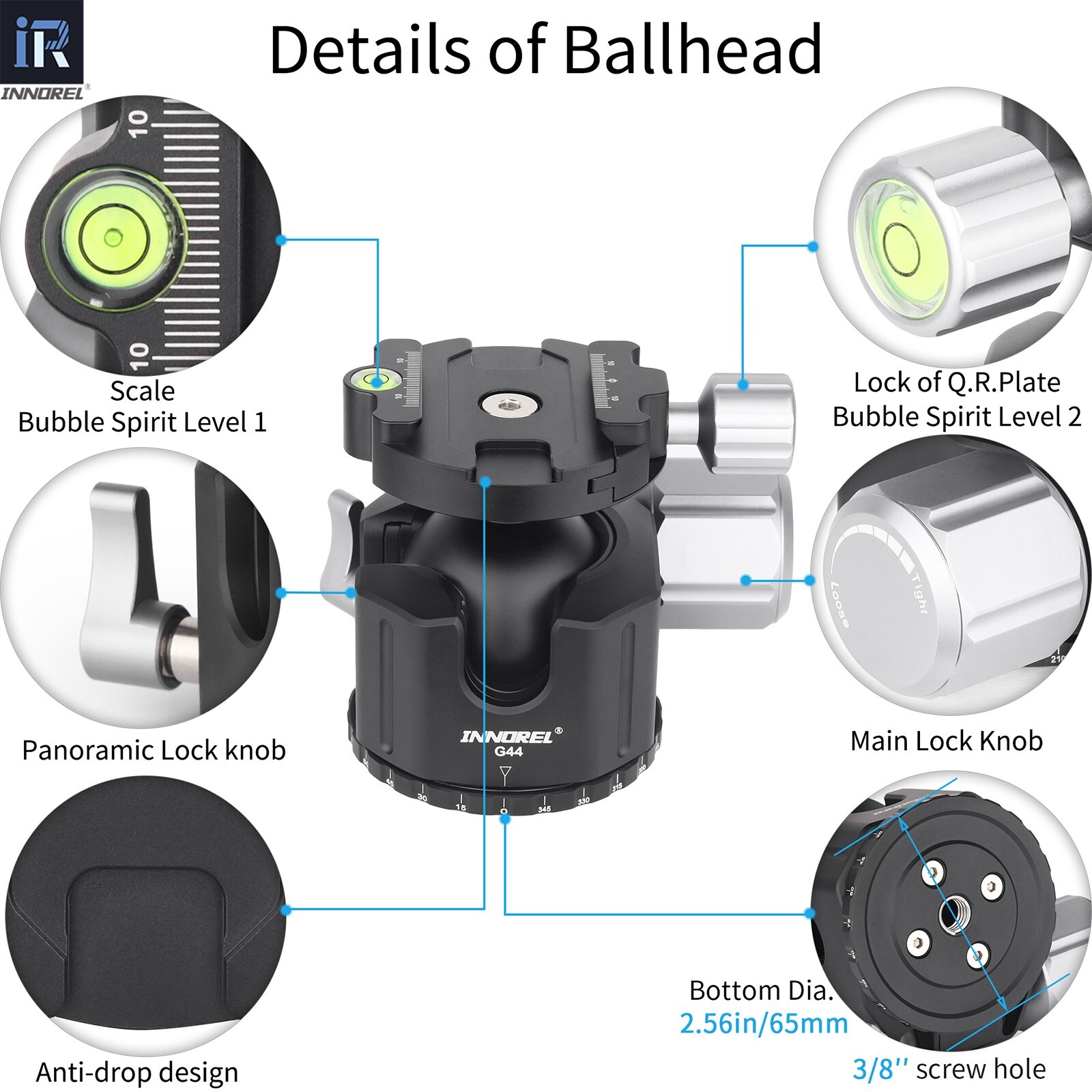 INNOREL Low Profile Tripod Ball Head Professional Camera Ballhead 55lb Load G44