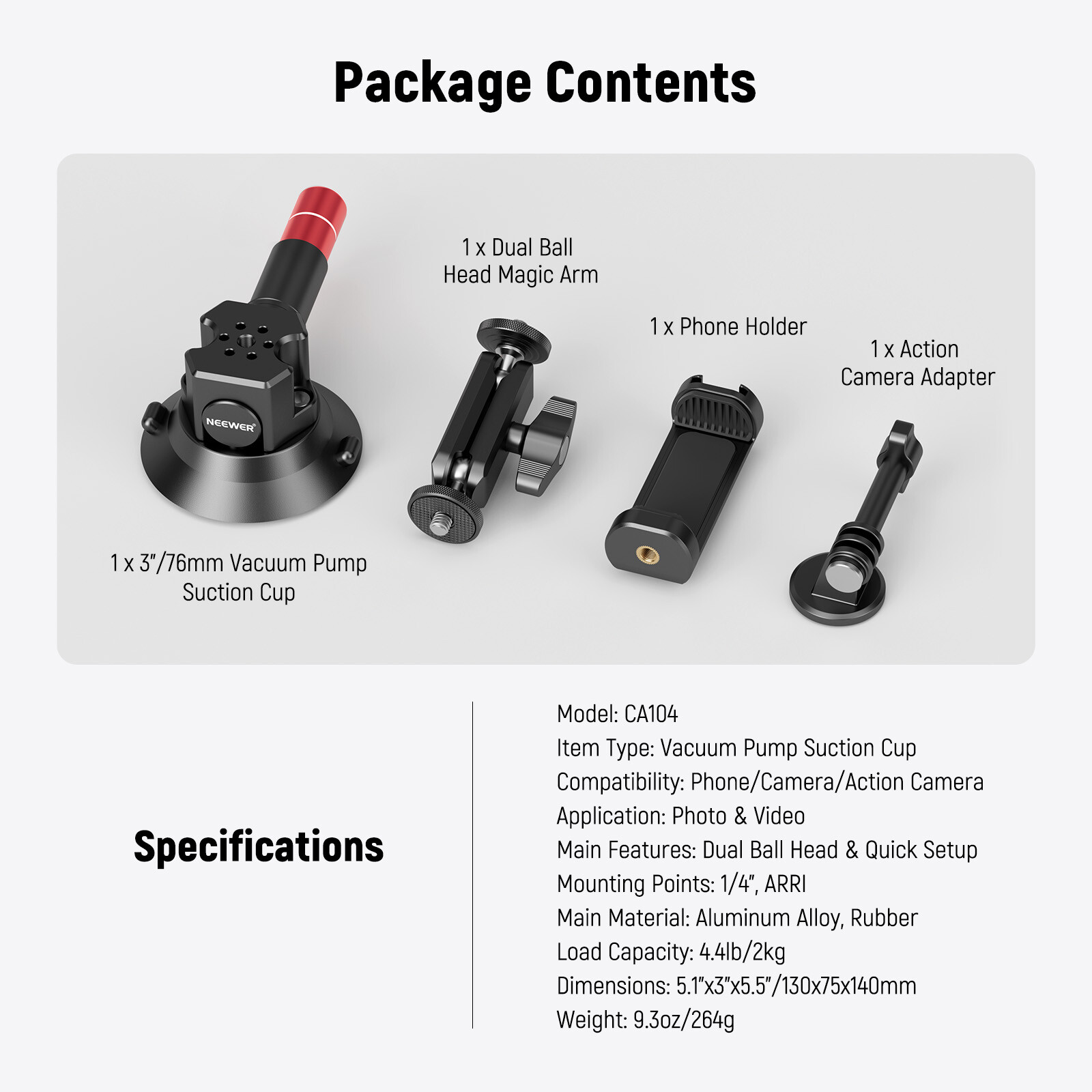 NEEWER 3″ Suction Cup Camera Mount Bracket with Ball Head Magic Arm