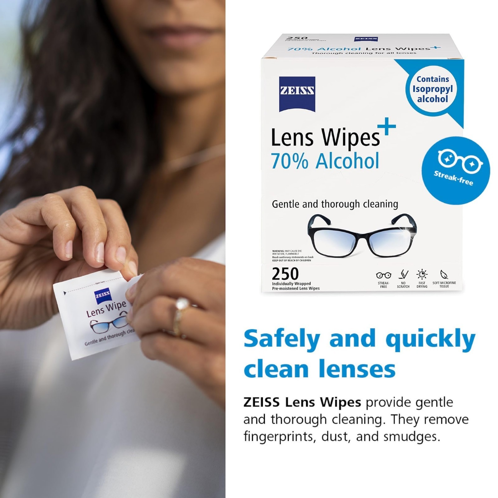 Pre-Moistened Lens Cleaning Wipes, 70% Alcohol, 250 Count, Anti-Fog, Streak-Free