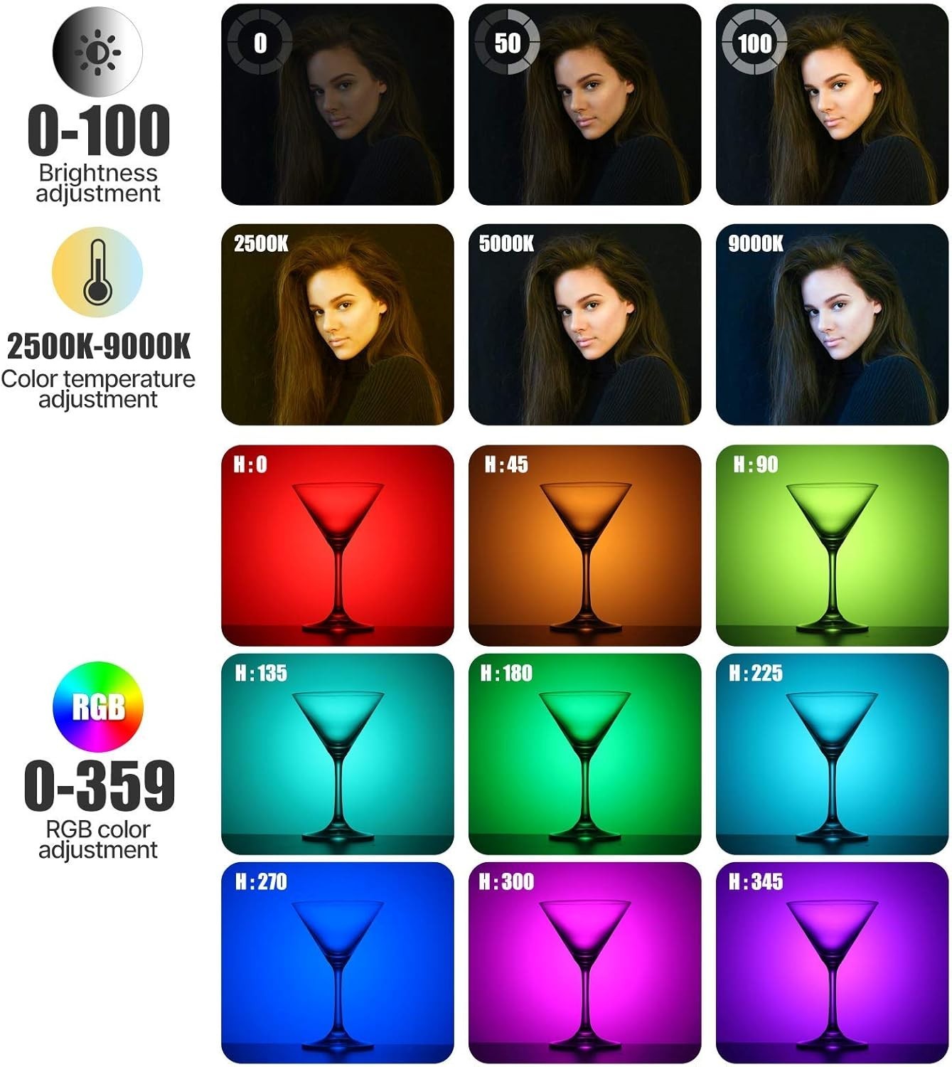 Rechargeable RGB Photography Light with Adjustable Color and Brightness Control