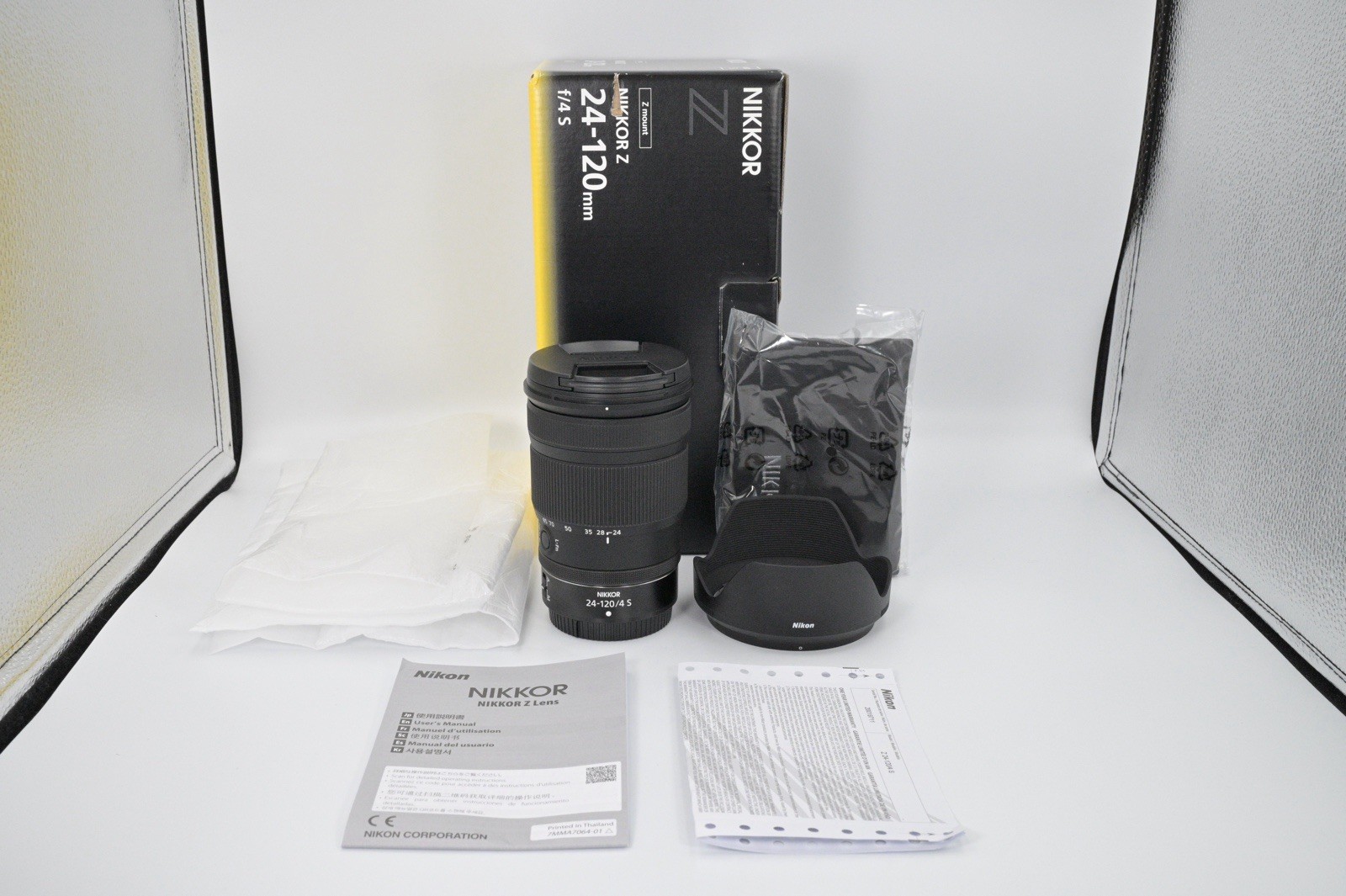 Nikon NIKKOR Z 24-120mm f/4 S Lens With Hood Caps Box Papers Cloth