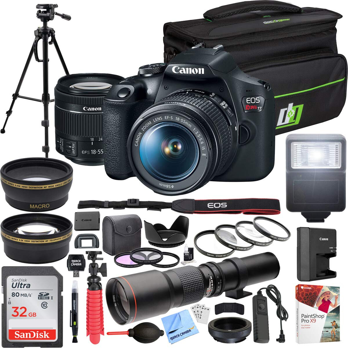 Canon T7 EOS Rebel DSLR Camera EF-S 18-55mm IS II + 500mm Telephoto Lens Pro Kit