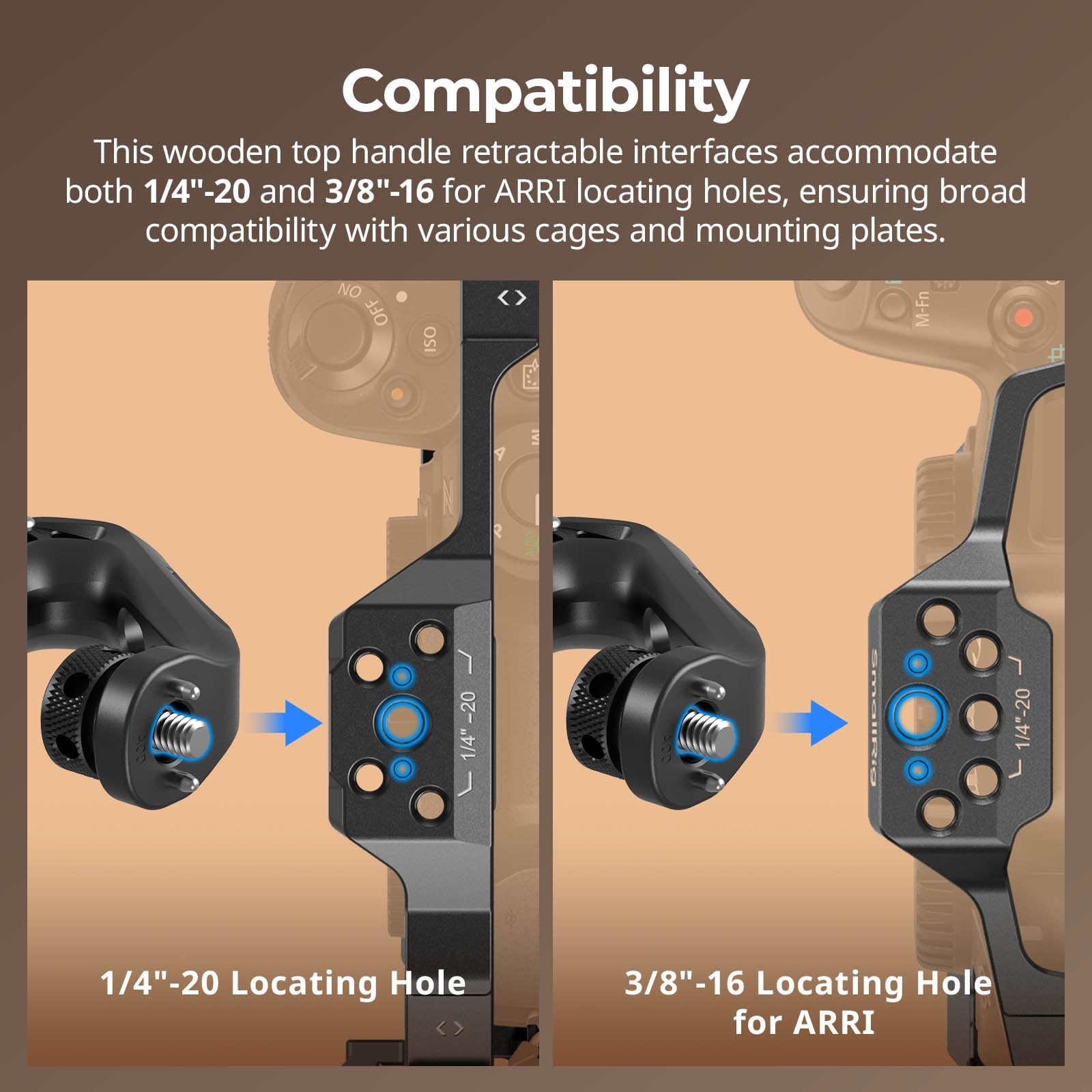 Wooden Top Handle with Retractable 1/4”-20 and 3/8”-16 Locating Screw for A…