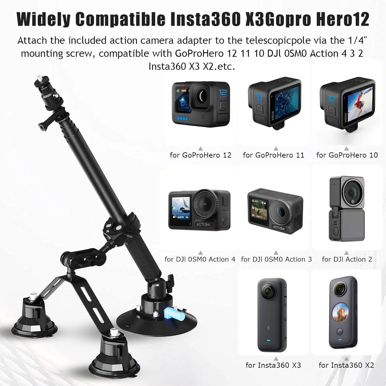 Triple Strong Suction Cup Camera Car Mount for Insta360, with 2In1 Extension Pol
