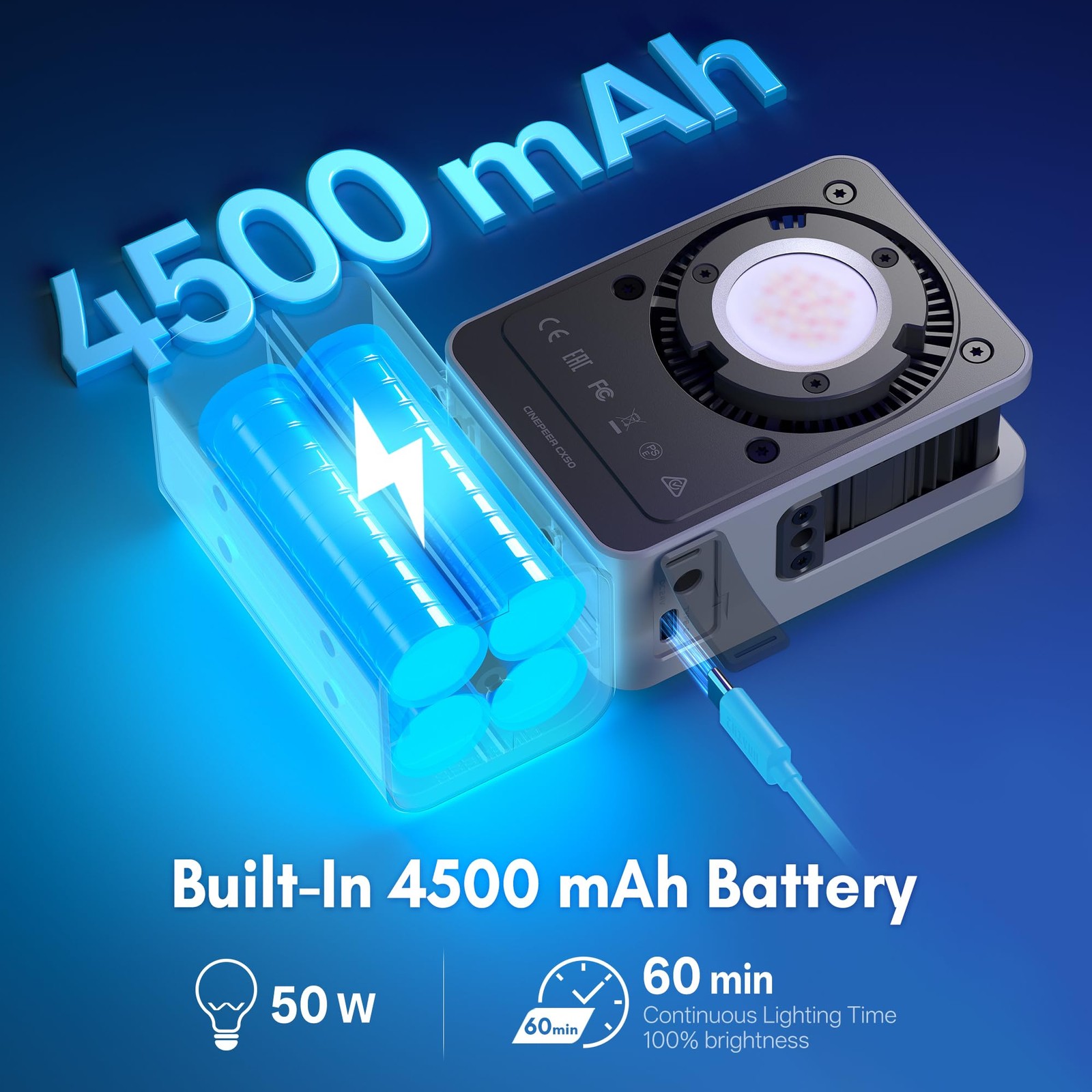CINEPEER CX50, 50W RGB Video Light, Full Color 2700K-6500K Portable Camera Li…