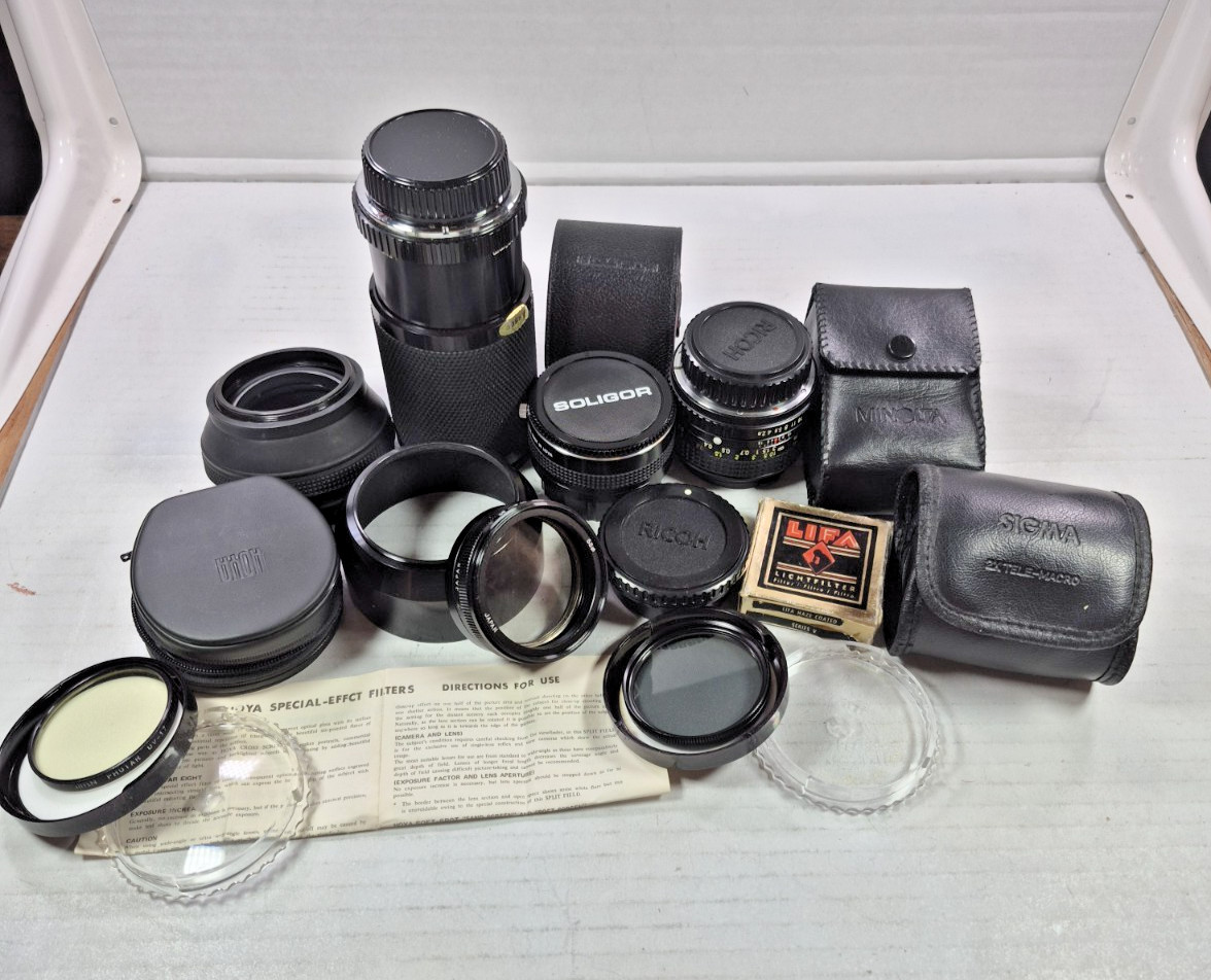 Miscellaneous used camera lens, filters, and empty cases plus misc. others