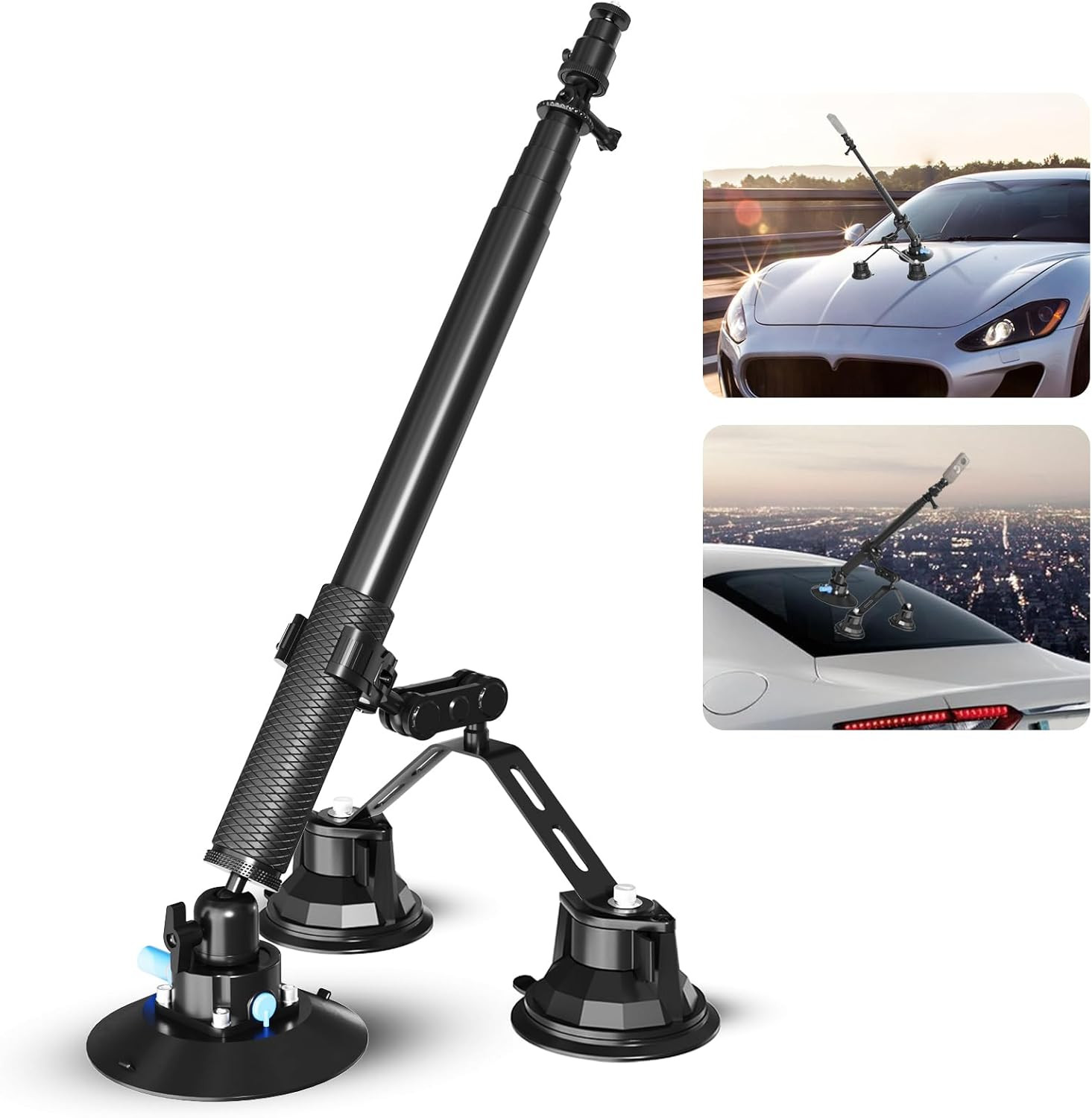 Triple Strong Suction Cup Camera Car Mount for Insta360, with 2In1 Extension Pol