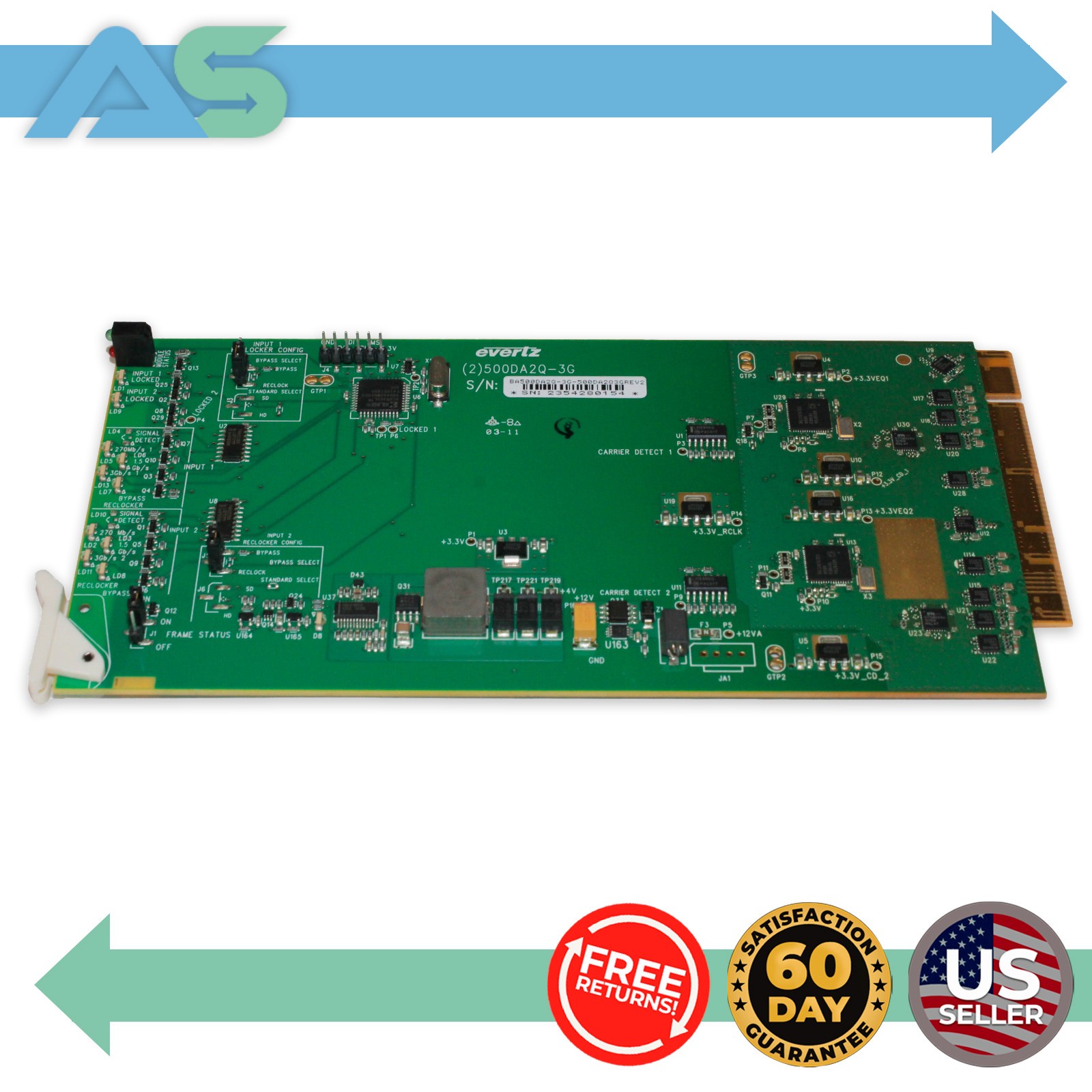 Evertz 500DA2Q-3G REV: 2 3G/HD/SD-SDI Dual Reclocking Distribution Amplifier