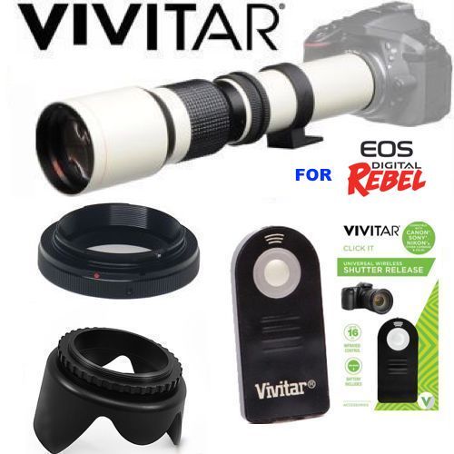 PRO WHITE LINE HD 500MM TELE ZOOM LENS + REMOTE + FOR Canon EOS Rebel T100 DSLR