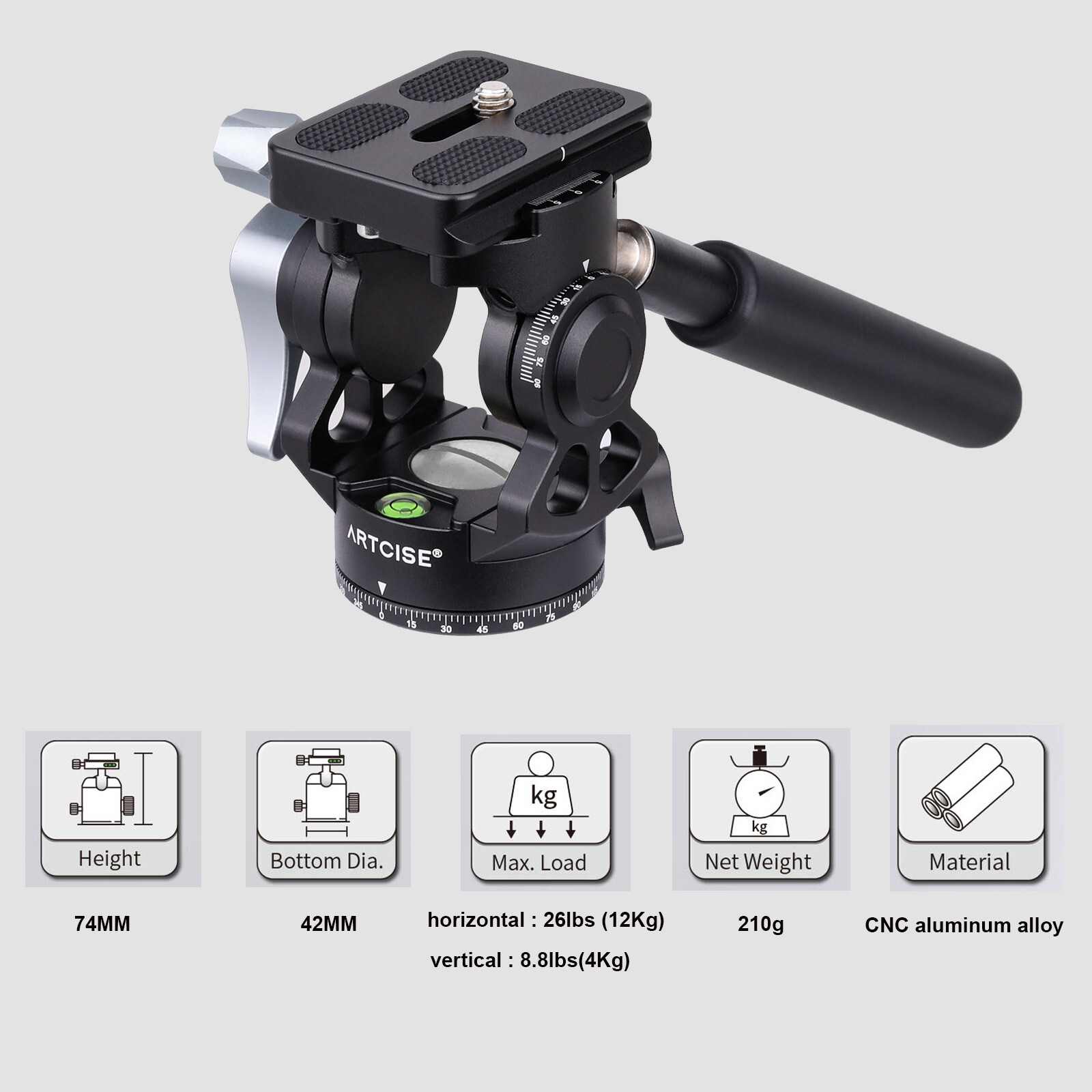 ARTCISE Panoramic Tripod Fluid Head Panoramic Pan Tilt Head W/ QR Plate