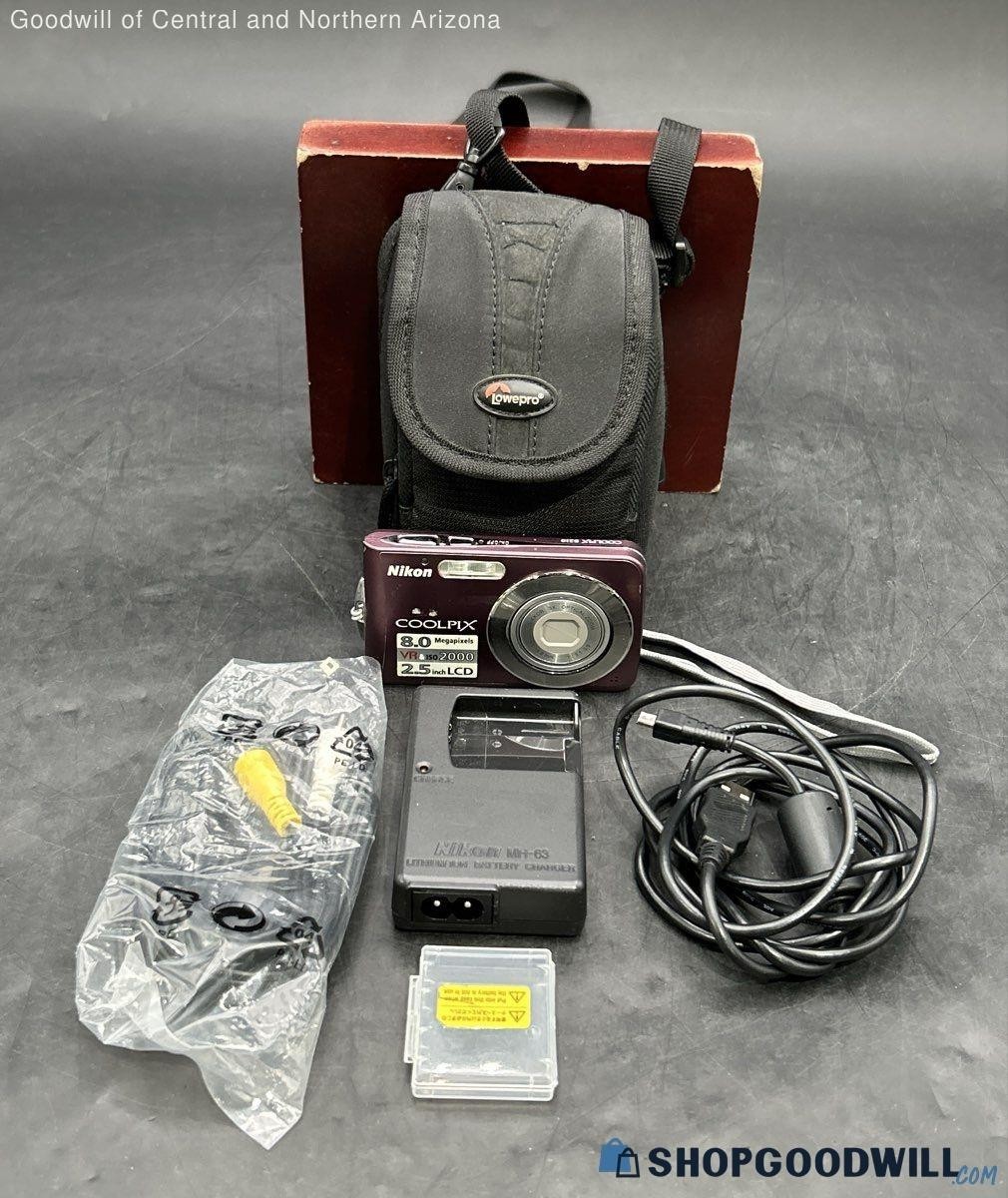 Nikon Coolpix S210 Plum 8 MP Digital Camera + Battery & cables Working