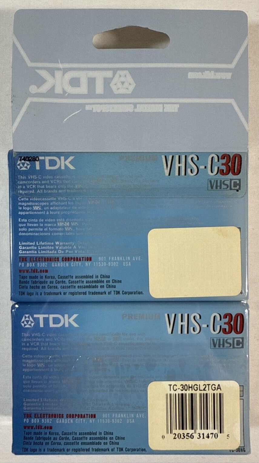 TDK / Premium / TC-30HG / VHS-C Blank Camcorder Tapes / 30 Min. / New & Sealed