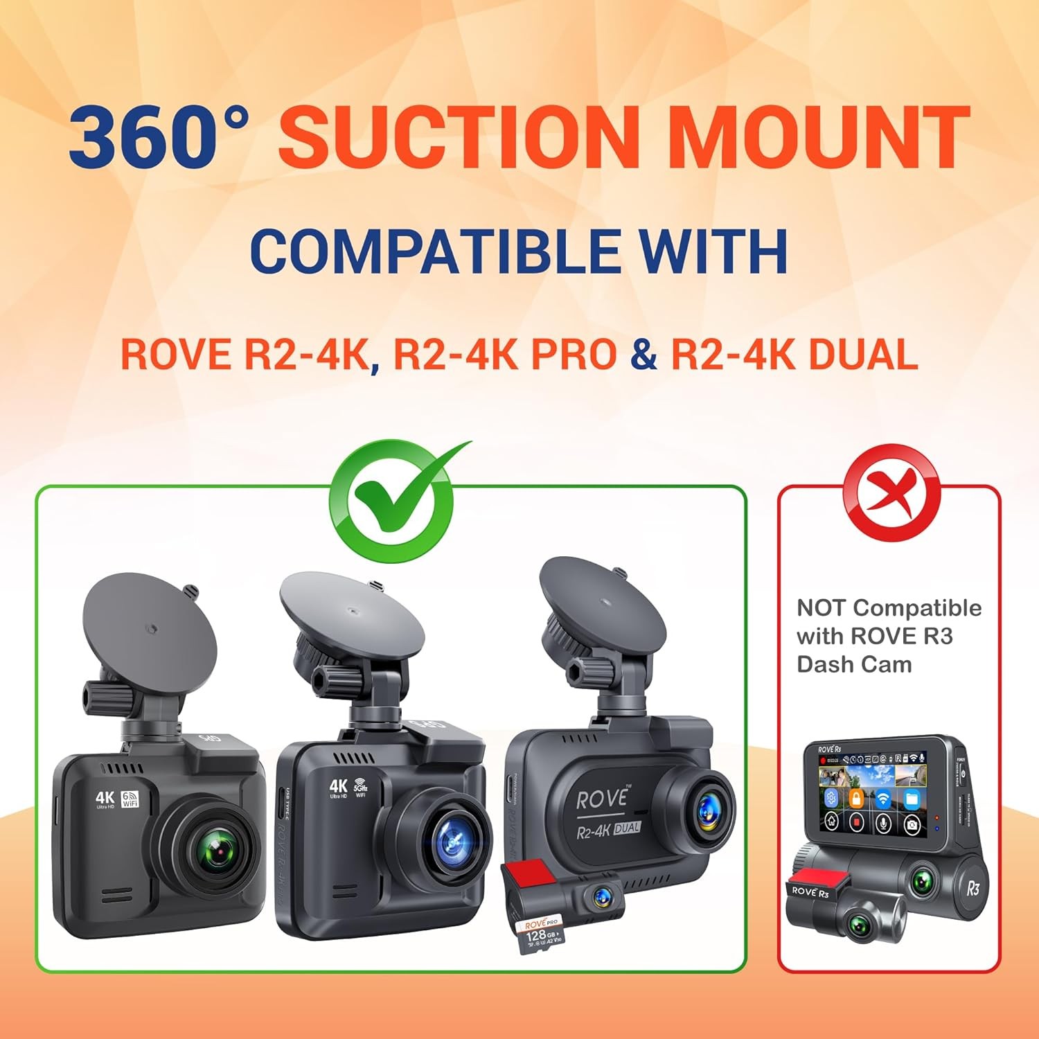 ROVE Suction Cup Mount for R2-4K, R2-4K PRO and Dual Dash Camera Black