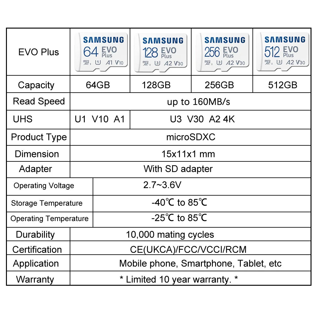 SAMSUNG EVO/PRO Plus Memory Card 64G A1 Micro SD Card 128G 256G 512G U3 A2 V30