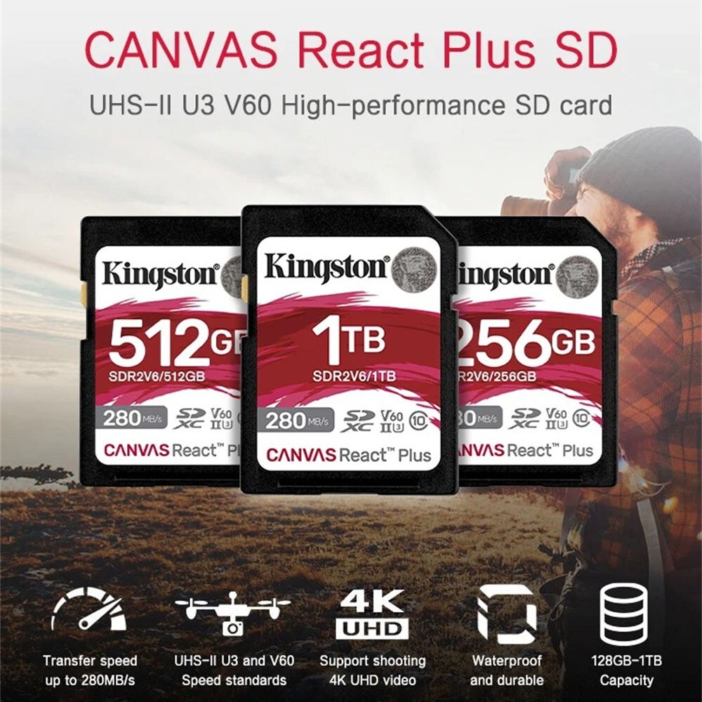 Kingston Canvas React Plus 128GB 256GB 512GB 1TB UHS-II V60 U3 SD Memory Card