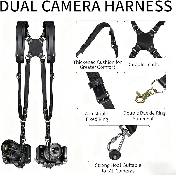 Dual Camera Harness Strap for Two Cameras, Leather Shoulder Strap DSLR/SLR