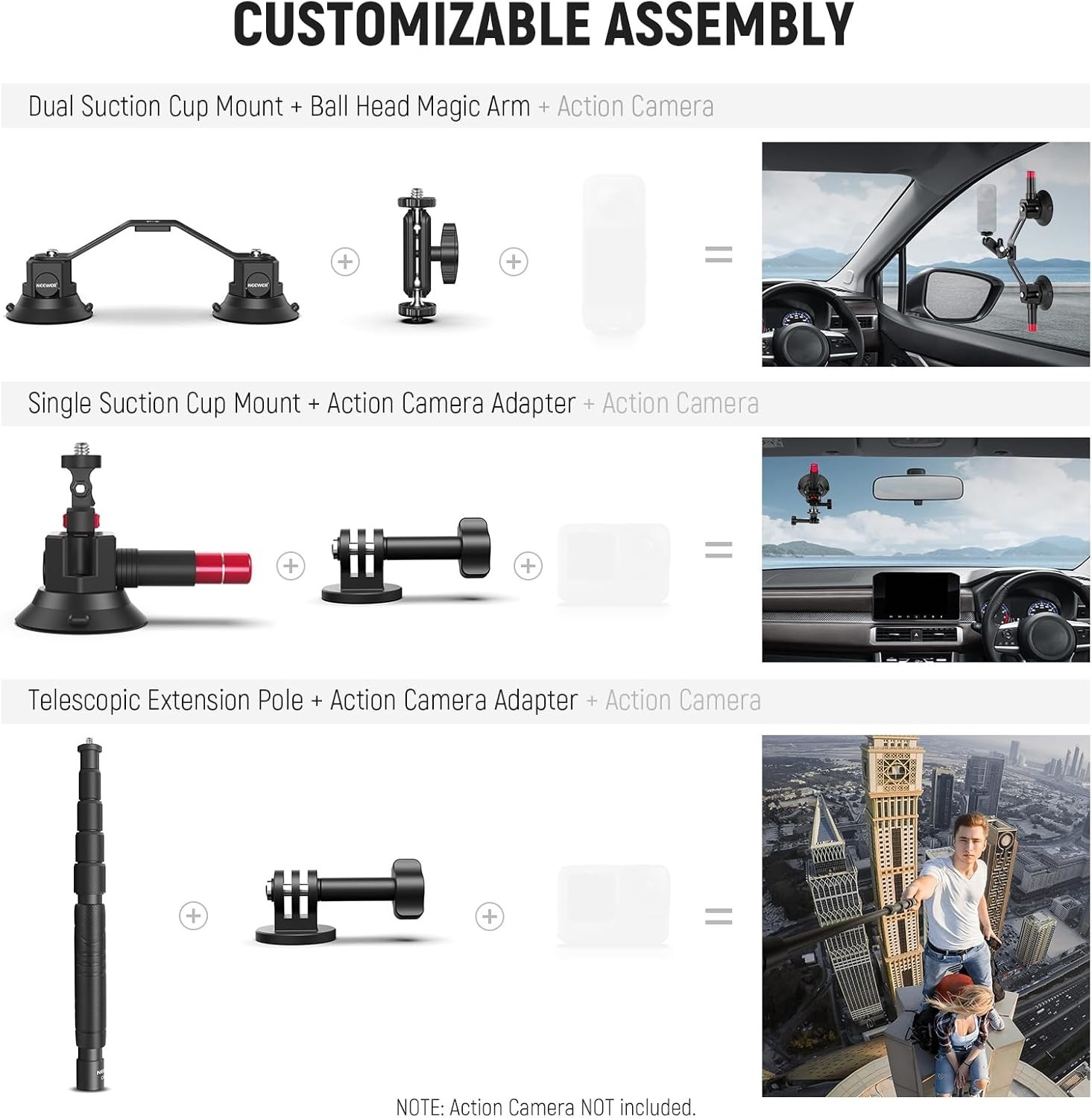 Triple Suction Cup Car Mount Compatible with Insta360 X5 X4 Gopro DJI OSMO 360 C