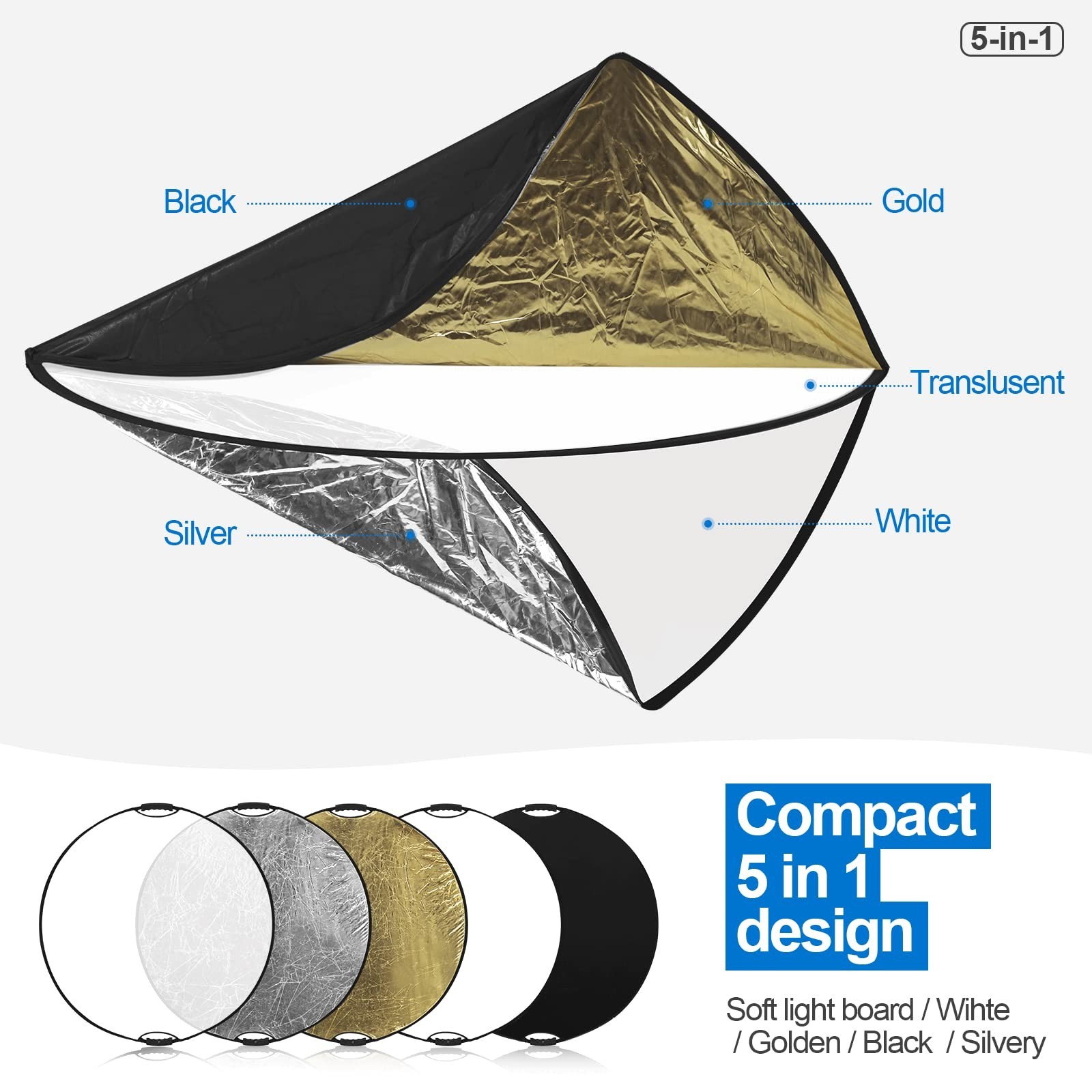 32″ Collapsible 5-in-1 Light Reflector with Bag & Tilt Adapter for Photography