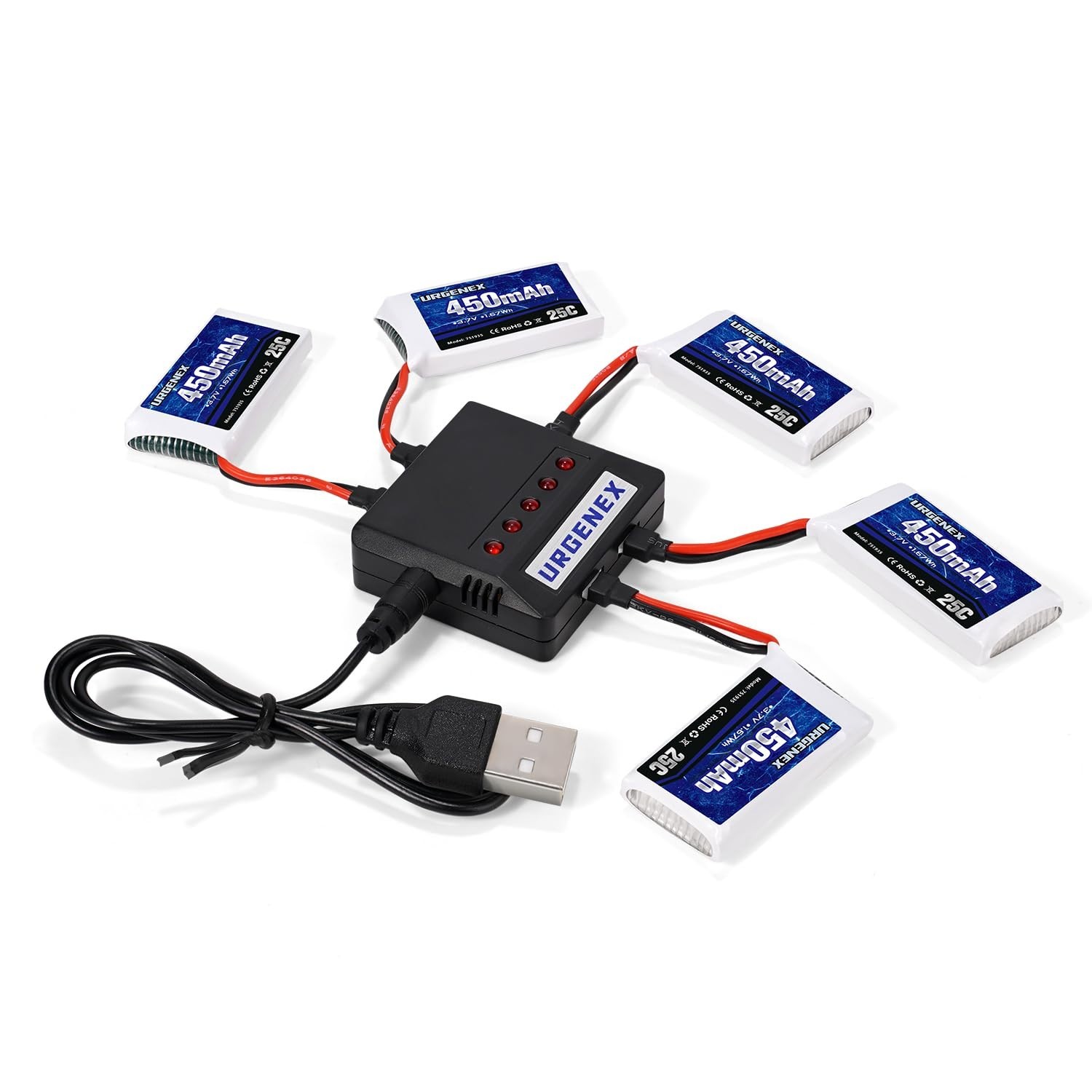 5PCS 3.7V 450mAh Lipo Drone Battery & 5-in-1 Charger for Quadcopter Models