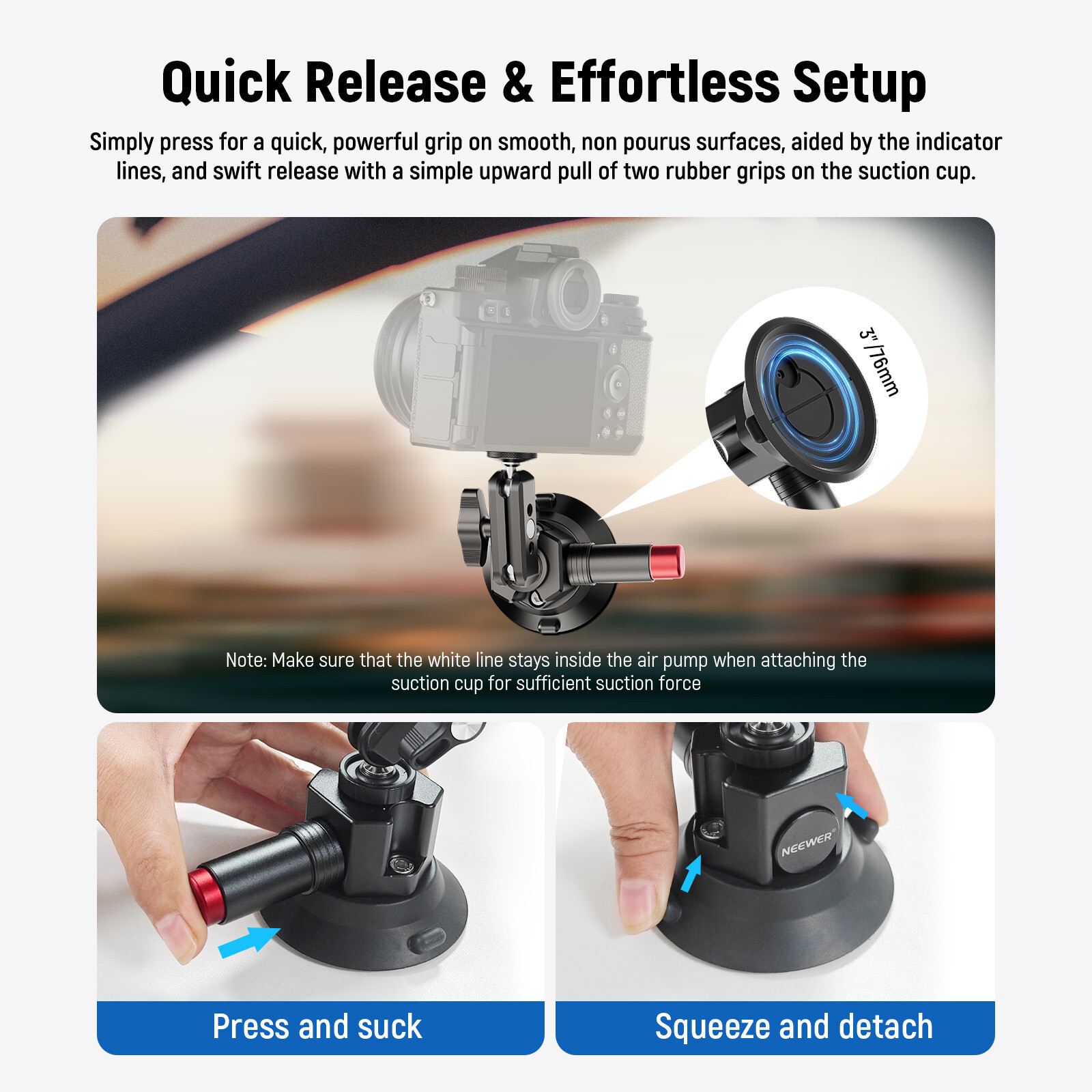 NEEWER 3″ Suction Cup Camera Mount Bracket with Ball Head Magic Arm